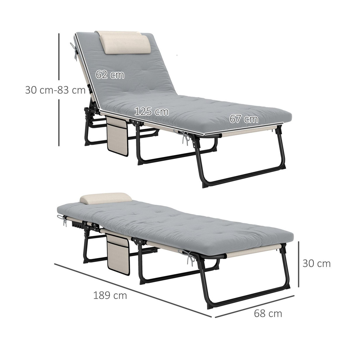 OUTSUNNY Lot de 2 transats bains de soleil pliables inclinables - tétière, matelas épais - métal tissu gris crème