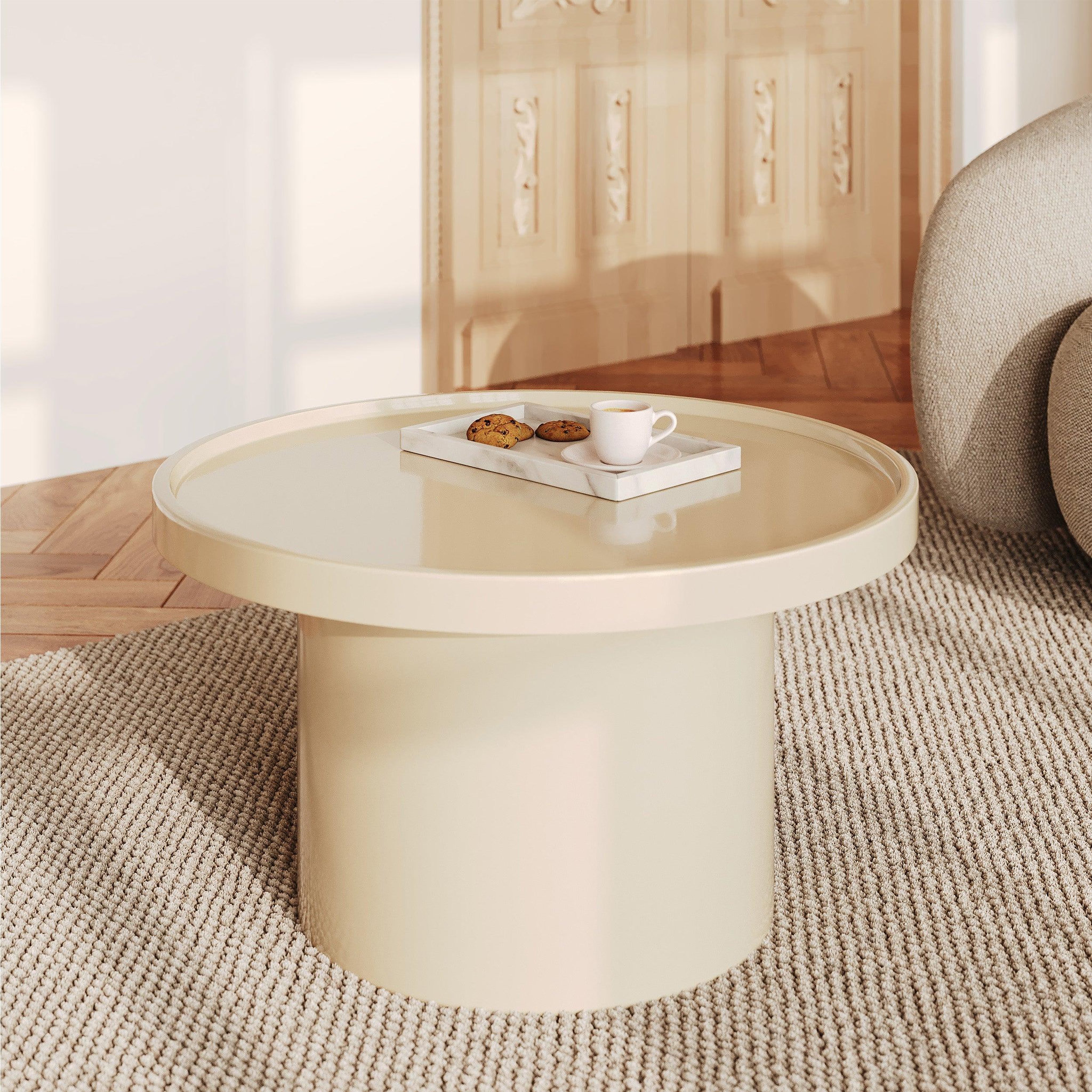 Voir la diapositive 2 : MAISON PAVANE Table basse en mdf laqué blanc cassé, d70 cm-nora
