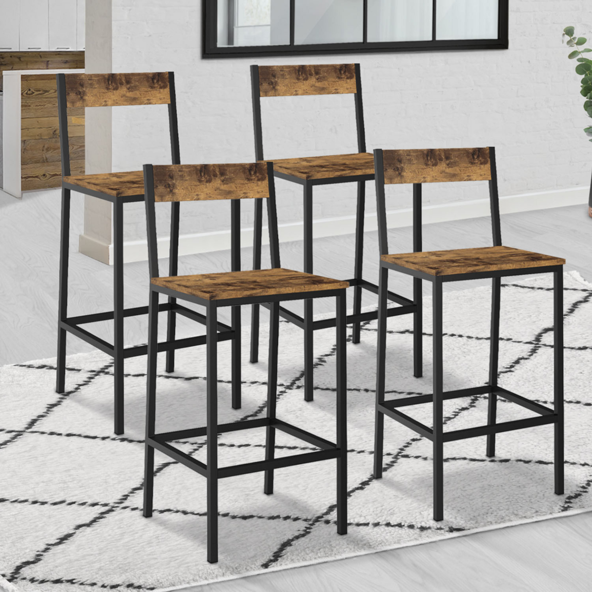 ID MARKET Lot de 4 tabourets de bar DAYTON avec dossier chaise de cuisine design industriel