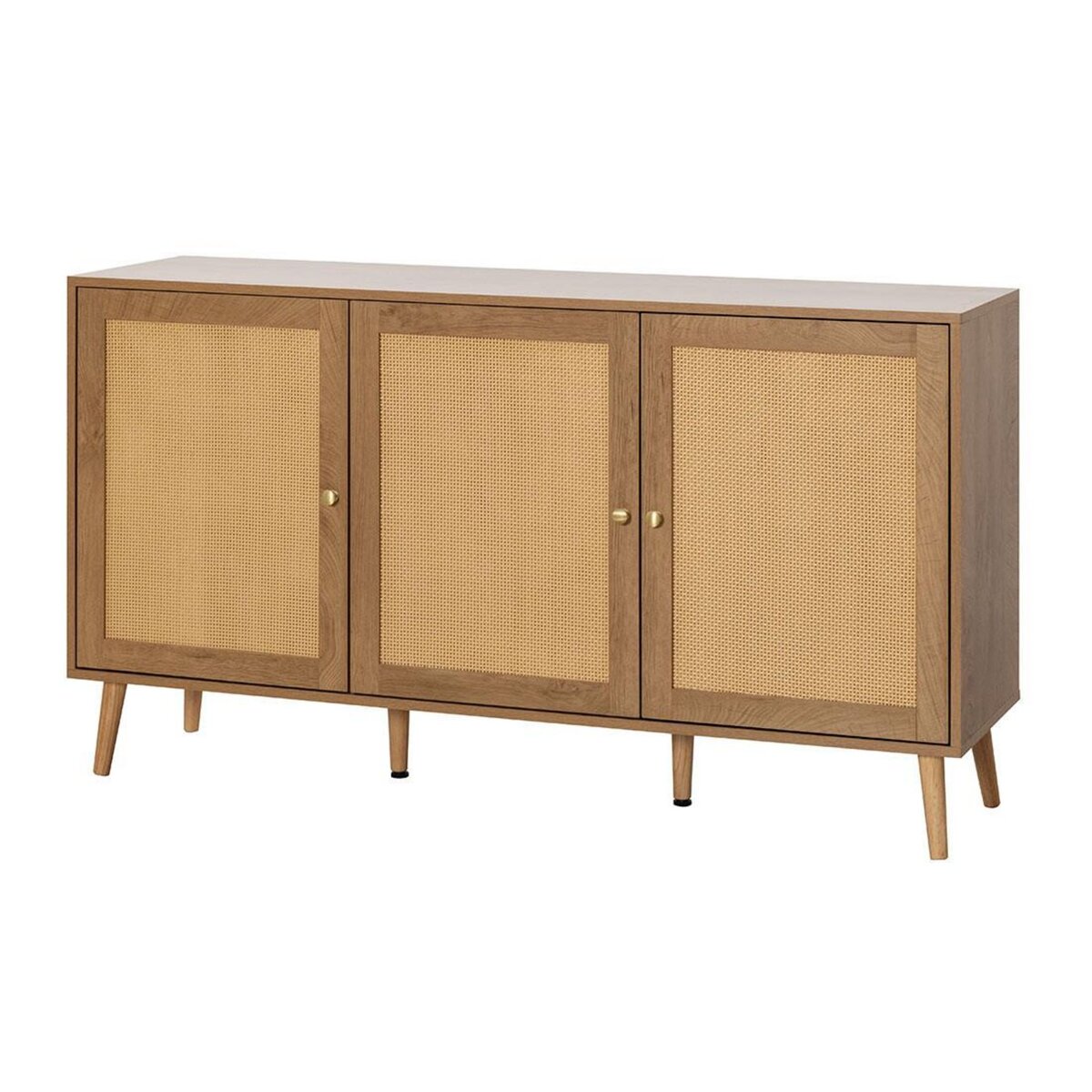 BEST MOBILIER Goto - buffet bas - effet bois et cannage - 3 portes - 140 cm