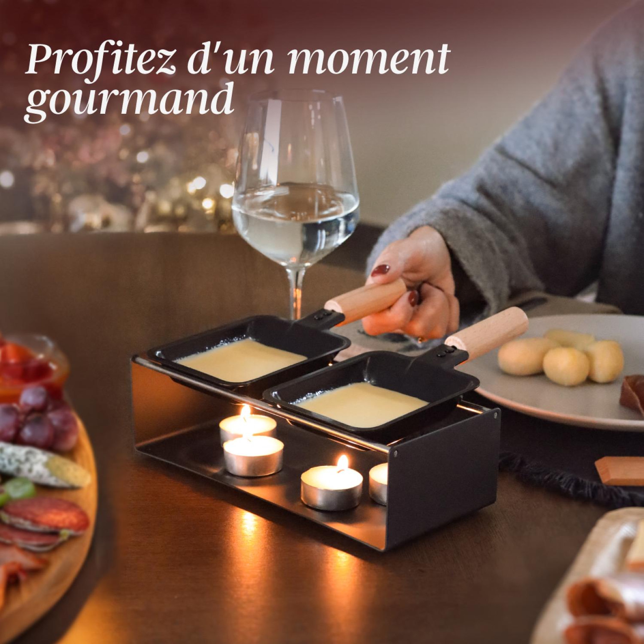 Voir la diapositive 5 : LINXOR Appareil à raclette à la bougie en métal, spatules et bougies incluses - 2 personnes