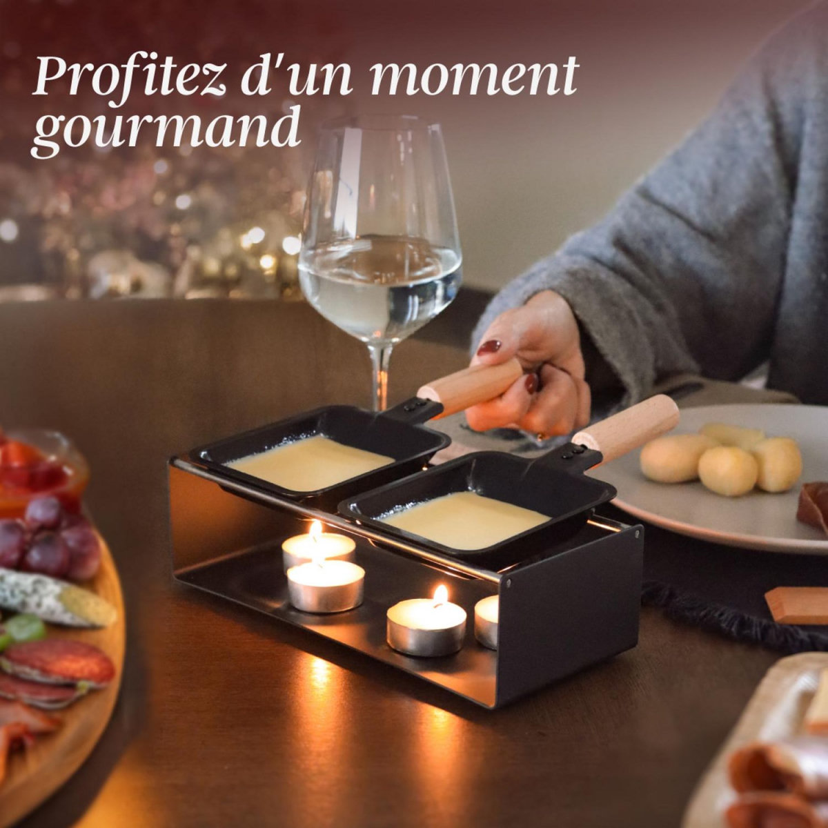 LINXOR Appareil à raclette à la bougie en métal, spatules et bougies incluses - 2 personnes