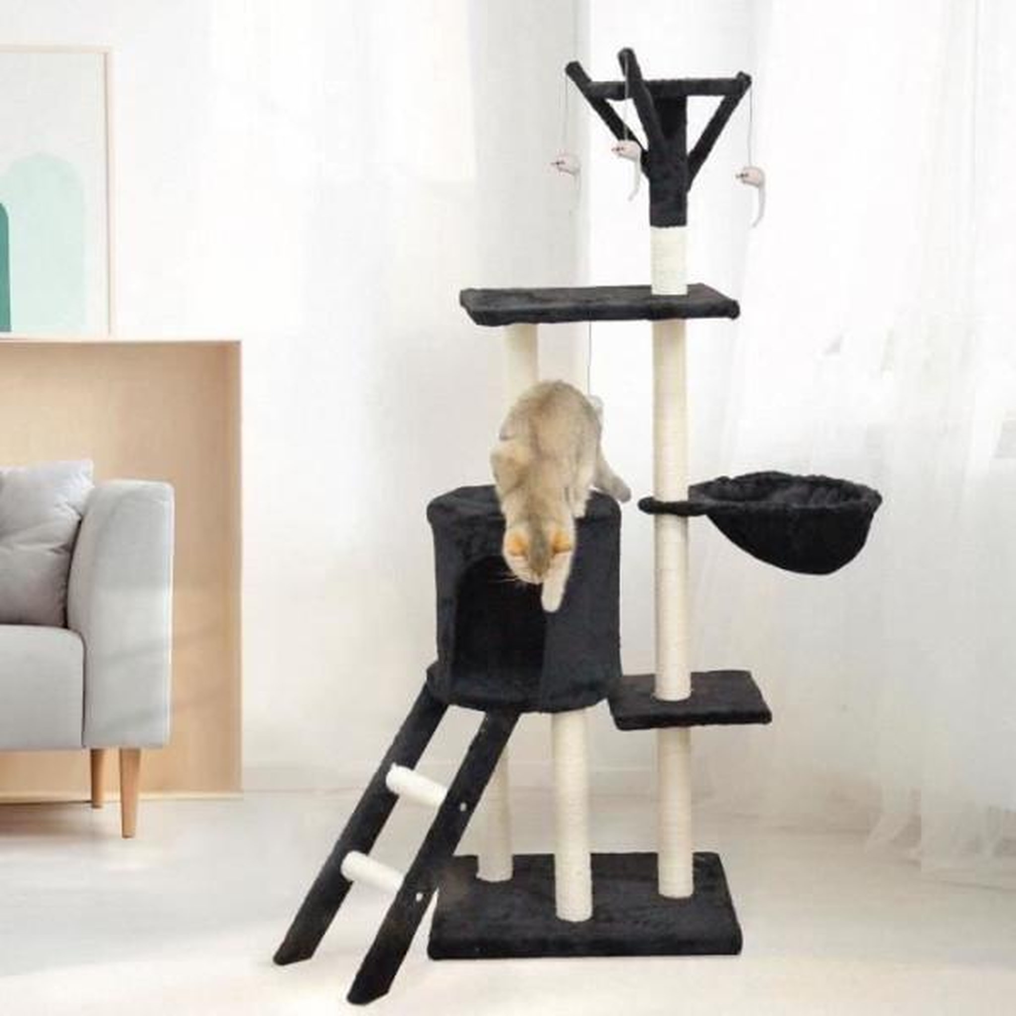 Voir la diapositive 2 : MARKET24 JIPSY Arbre a chat noir 79 x 34 x 138 cm - 3 plateformes, 1 perchoir, 1 niche, 1 escalier, poteaux a griffer