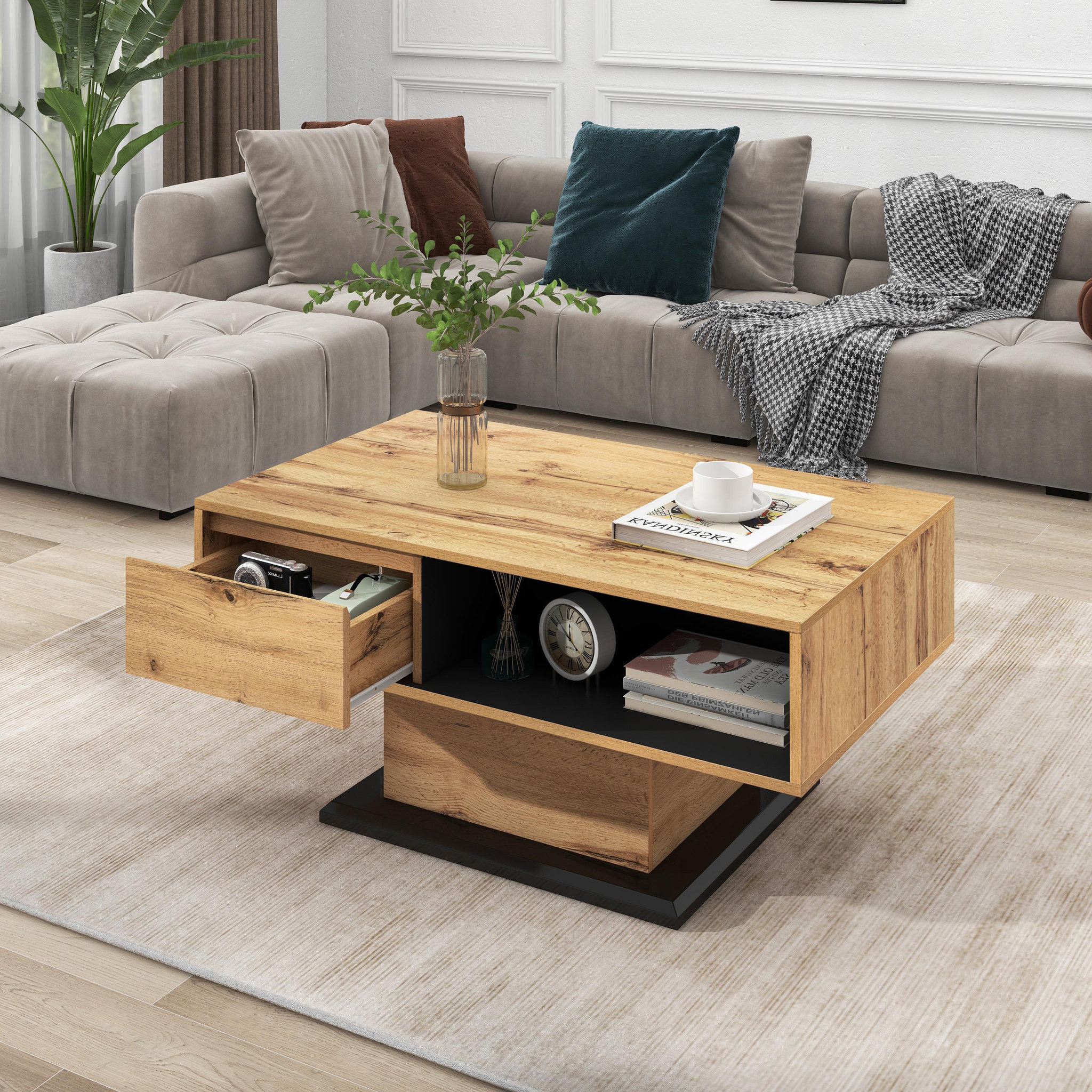 Voir la diapositive 2 : MERAX Table Basse Grain De Bois, Avec Un Tiroir Sans Poignée 100 Cm