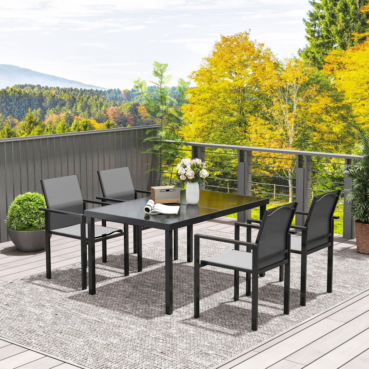 OUTSUNNY Ensemble table de jardin rectangulaire et 4 chaises empilables métal textliène verre trempé noir