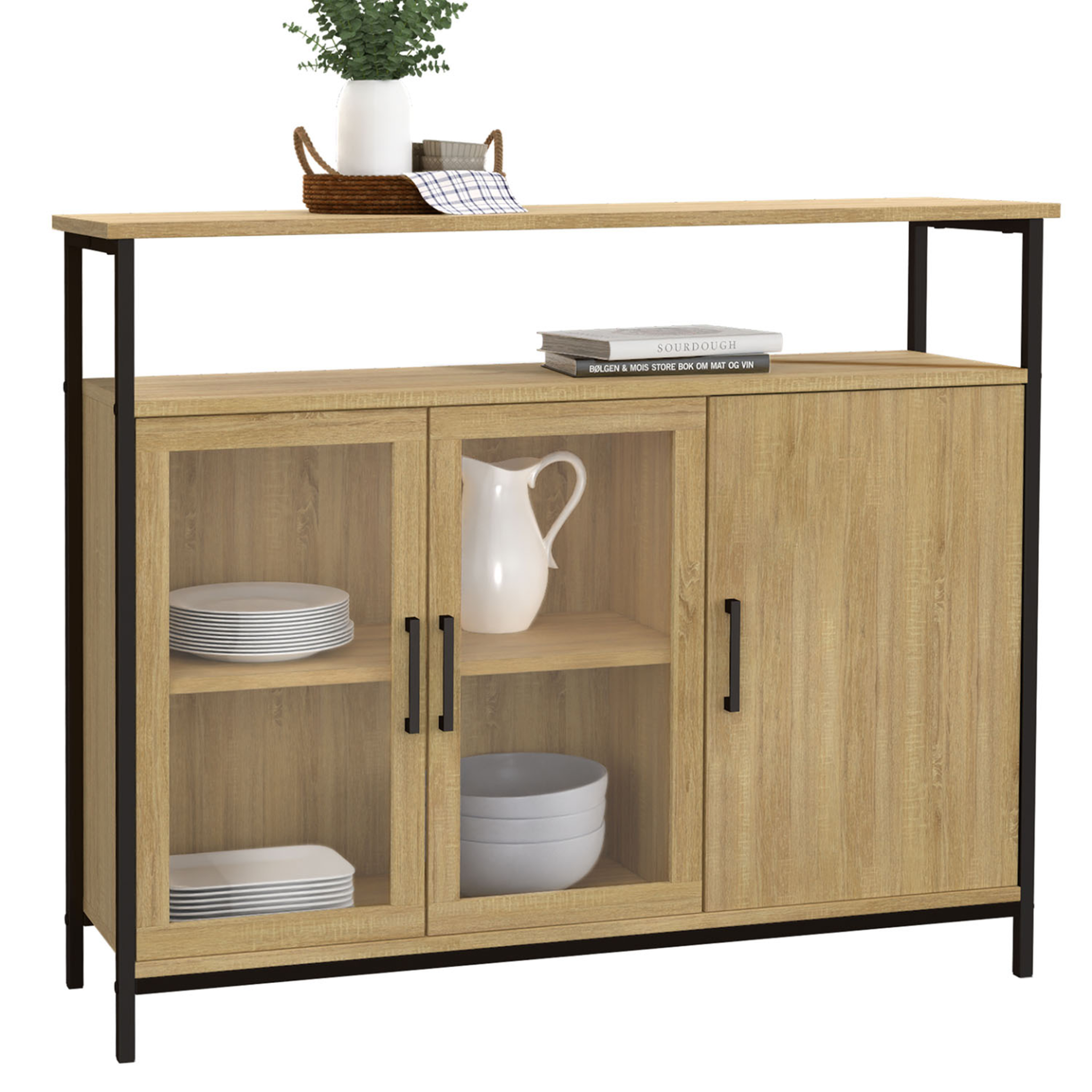 ID MARKET Buffet 100 cm DETROIT 2 portes vitrine avec placards design industriel