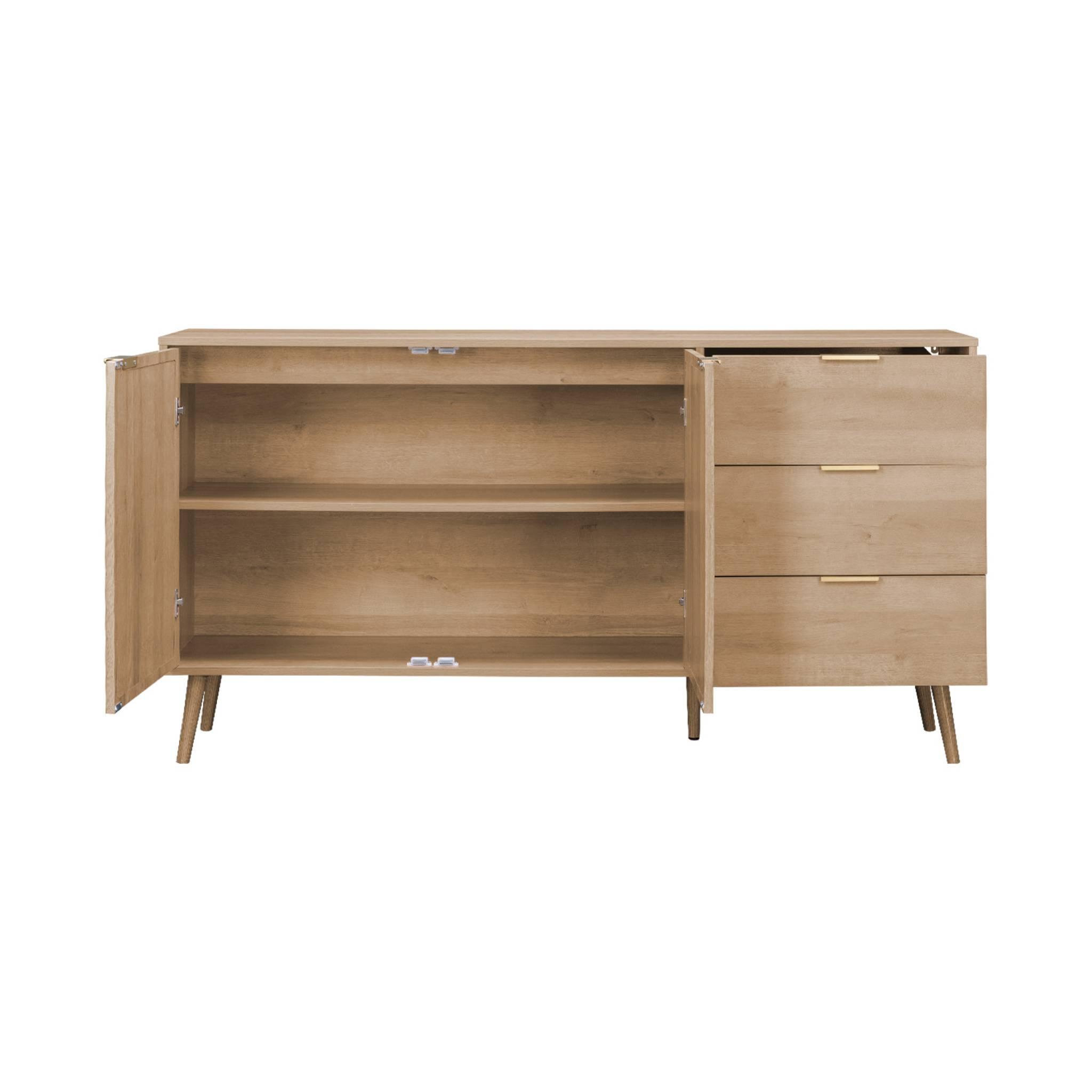 Voir la diapositive 6 : SWEEEK Buffet de rangement. Eva.  décor bois et cannage arrondi. 2 portes 3 tiroirs. buffet bas. L 150 x l 39 x H 79cm