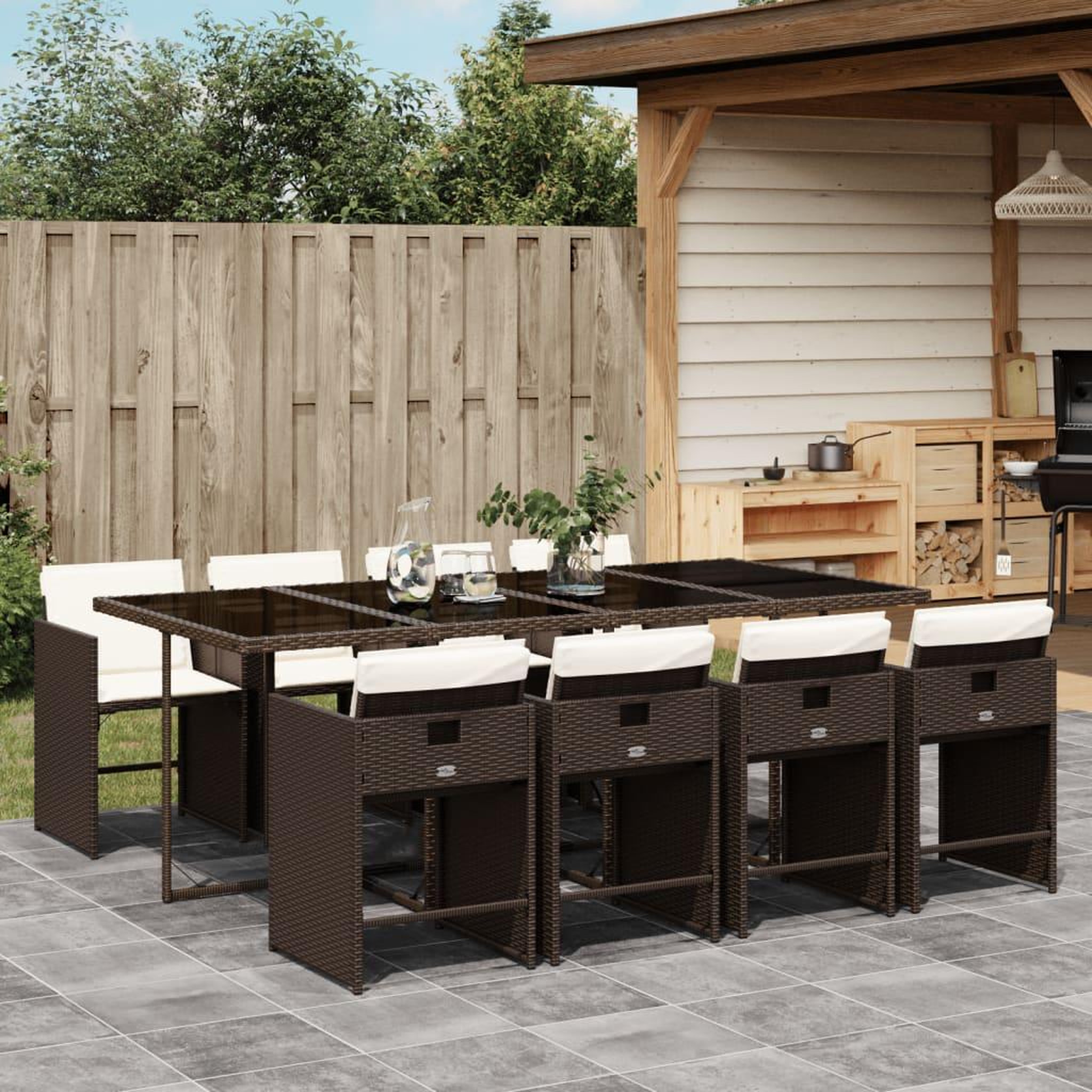 VIDAXL Ensemble a manger de jardin et coussins 9 pcs marron poly rotin