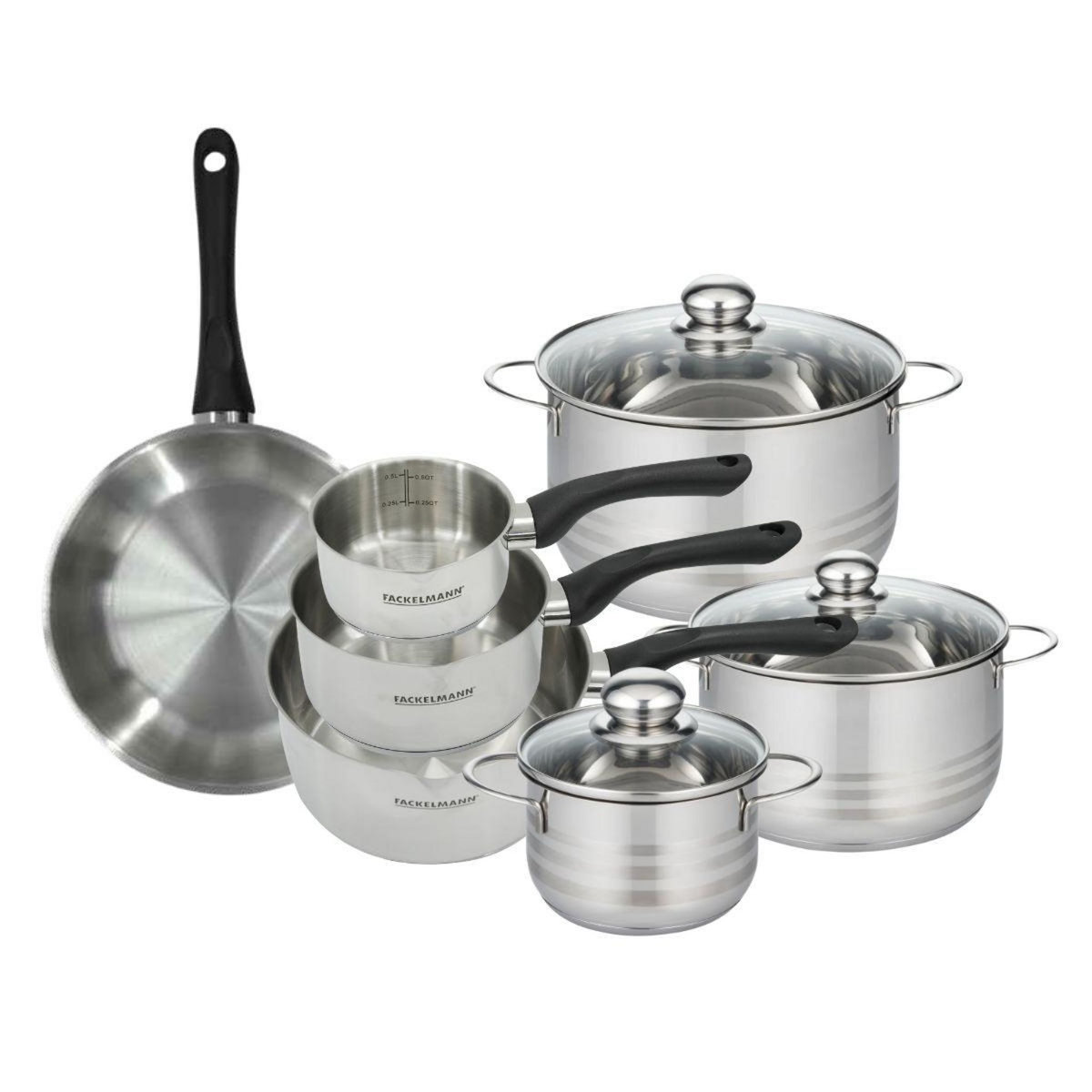 Fackelmann Set de 1 poêle 24 cm, 3 casseroles 12 16 20 cm et 3 faitouts 16, 20 et 24 cm en inox Fackelmann Geneva