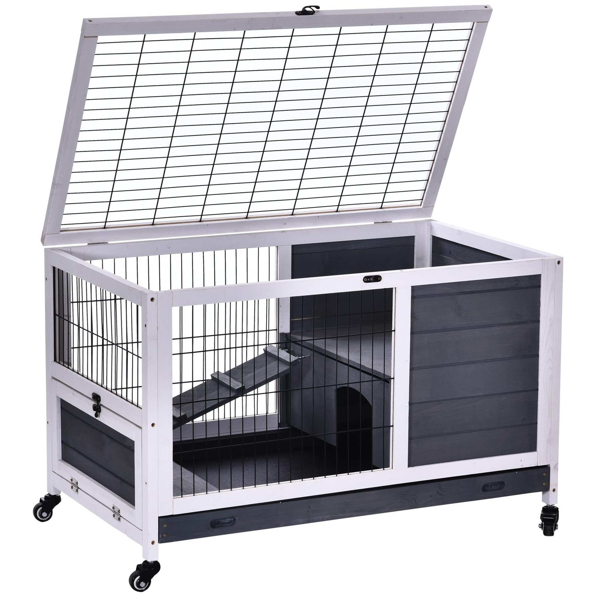 Voir la diapositive 3 : PAWHUT Clapier à lapin sur roulettes cage à lapin 2 étages porte verrouillable toit ouvrant plateau coulissant rampe bois de sapin gris blanc