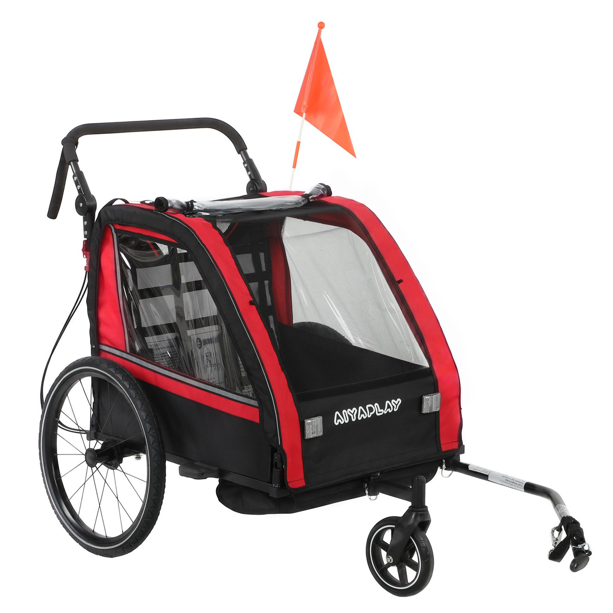 HOMCOM Remorque vélo jogger 2 en 1 pour enfant drapeau roue avant pivotante réflecteurs et barre d'attelage inclus rouge noir