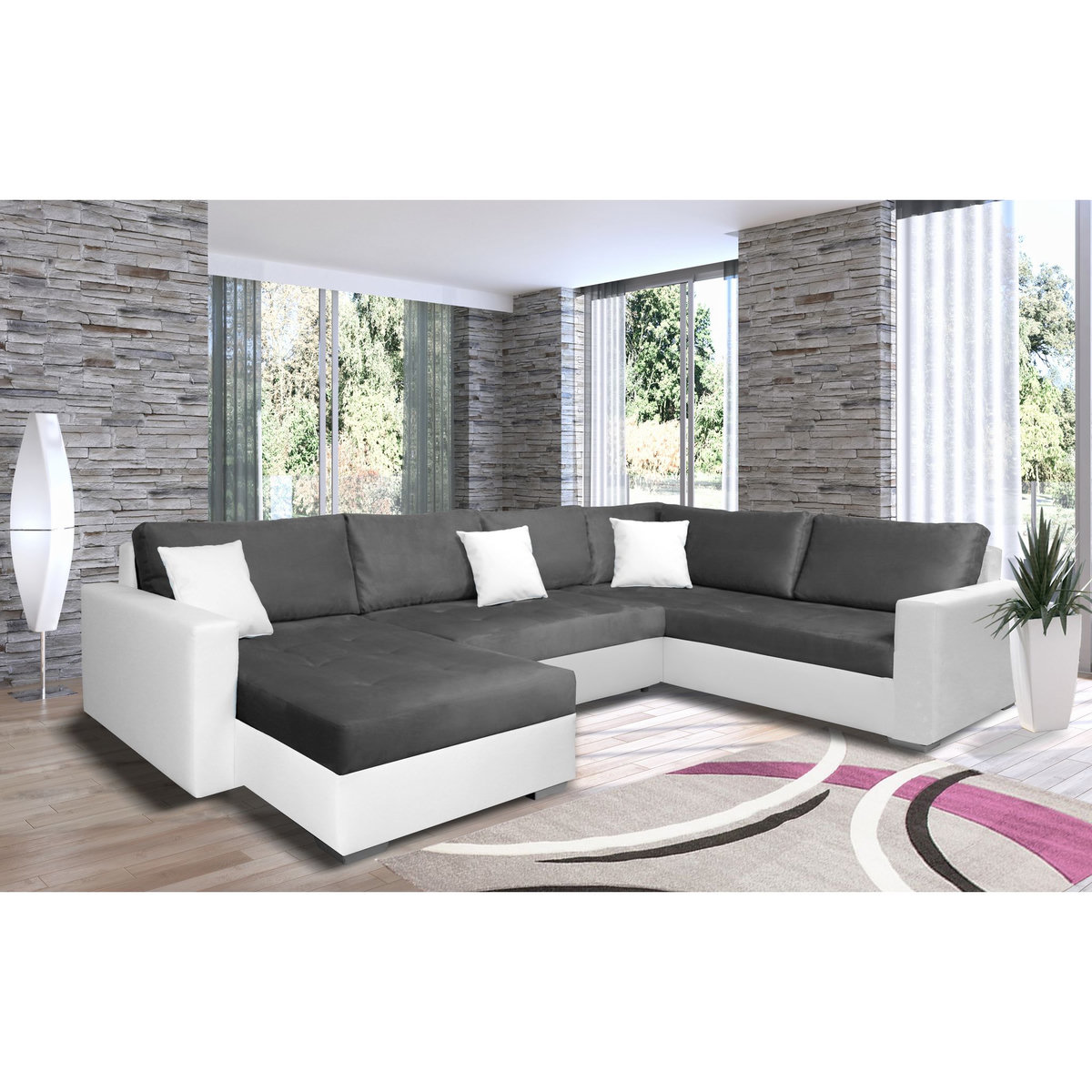 Canapé d'angle droit convertible panoramique 5 places tissu simili avec coffre MAGNUS