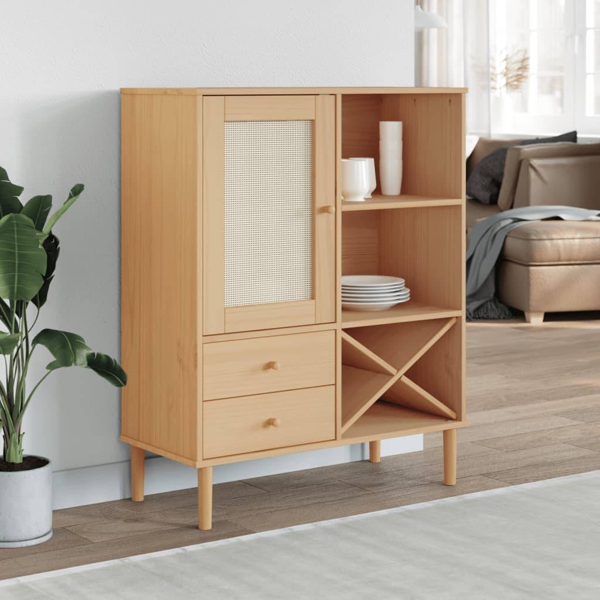 Voir la diapositive 1 : VIDAXL Buffet SENJA aspect rotin marron 90x40x112cm bois massif de pin
