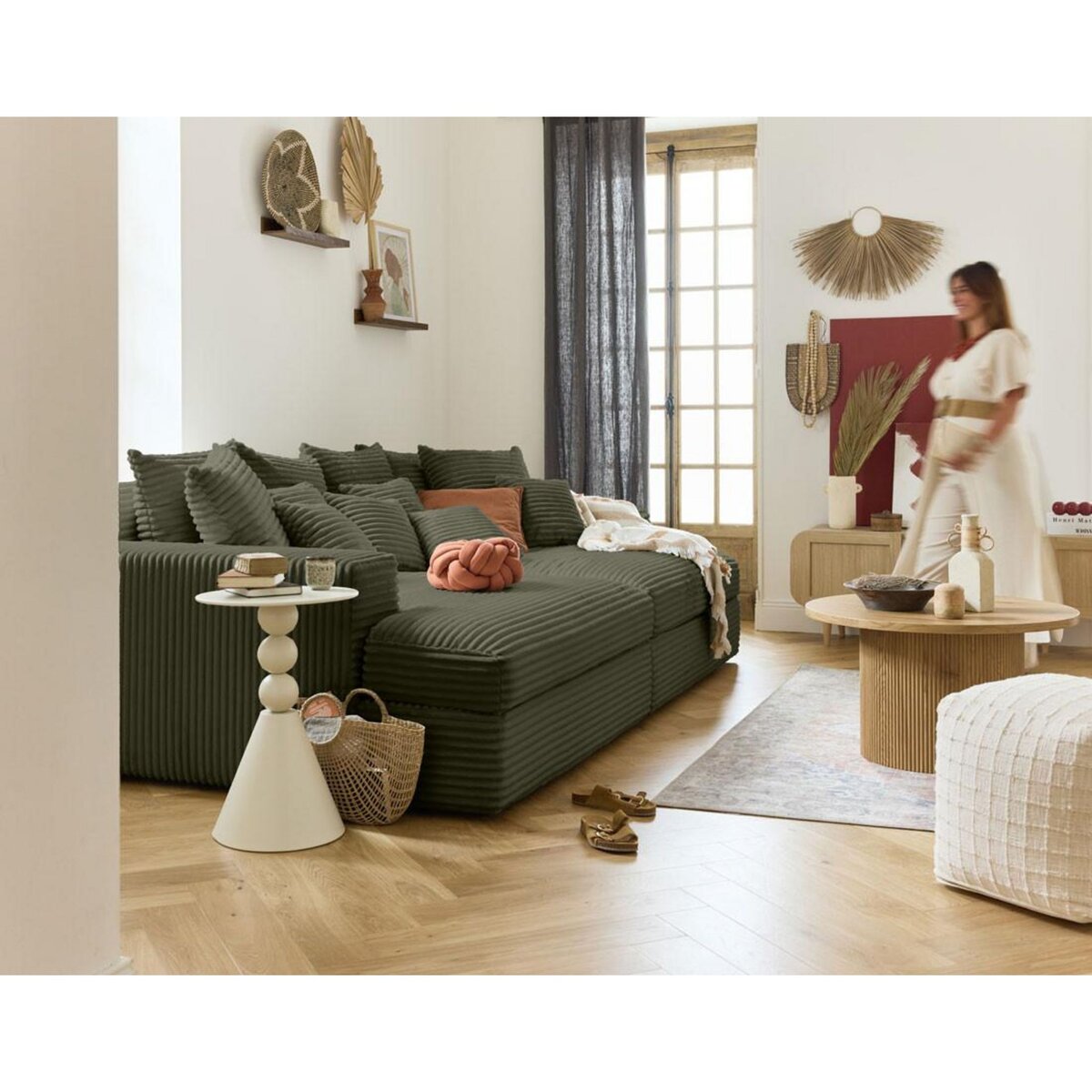 LISA DESIGN Collins - canapé droit 4 places avec double méridienne - assise profonde - velours côtelé grosses côtes