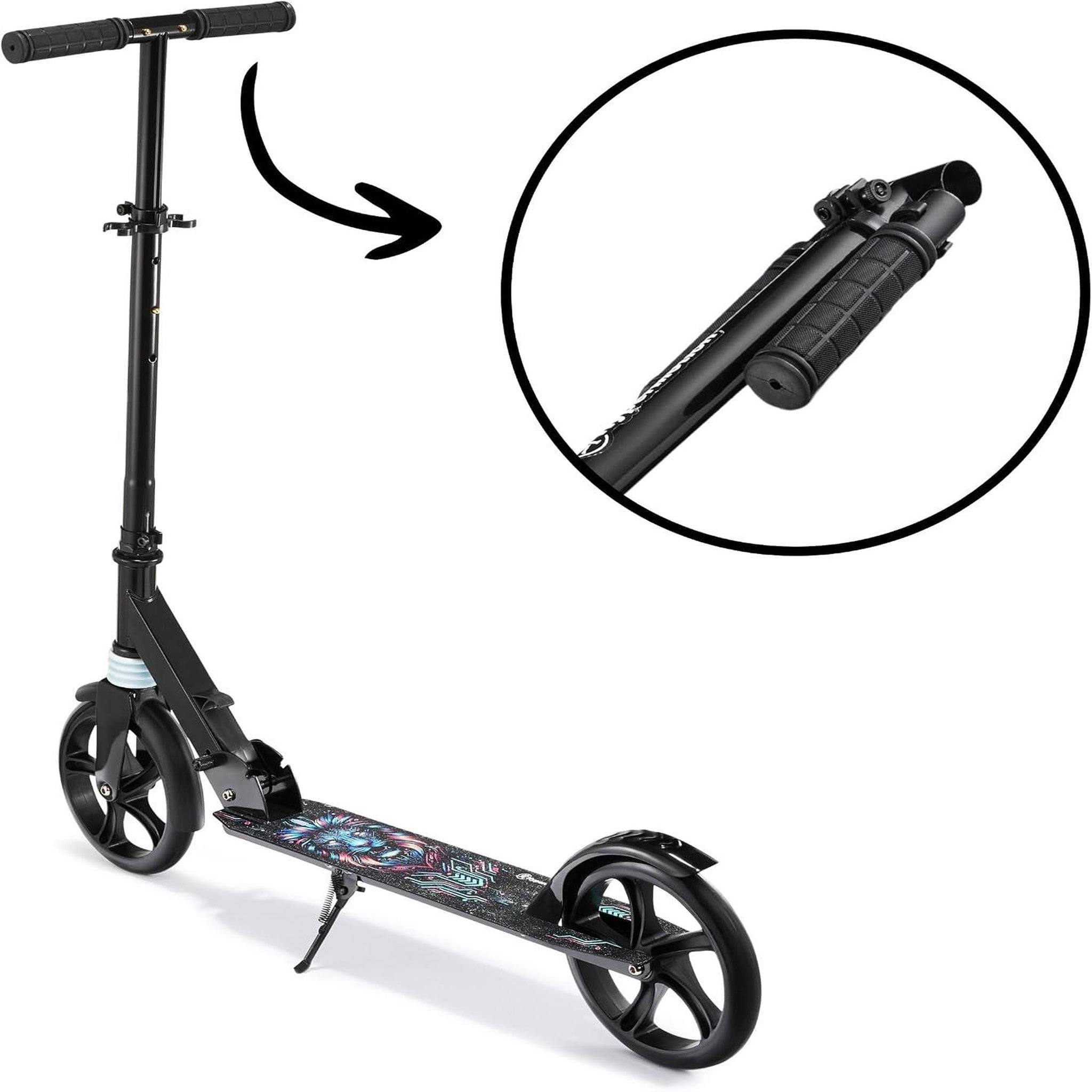 Voir la diapositive 6 : HYPERMOTION Trottinette Enfant +6 HyperMotion, 100Kg Max, Pliable- Amortisseur- Guidon Réglable 85-95cm- ABEC 7
