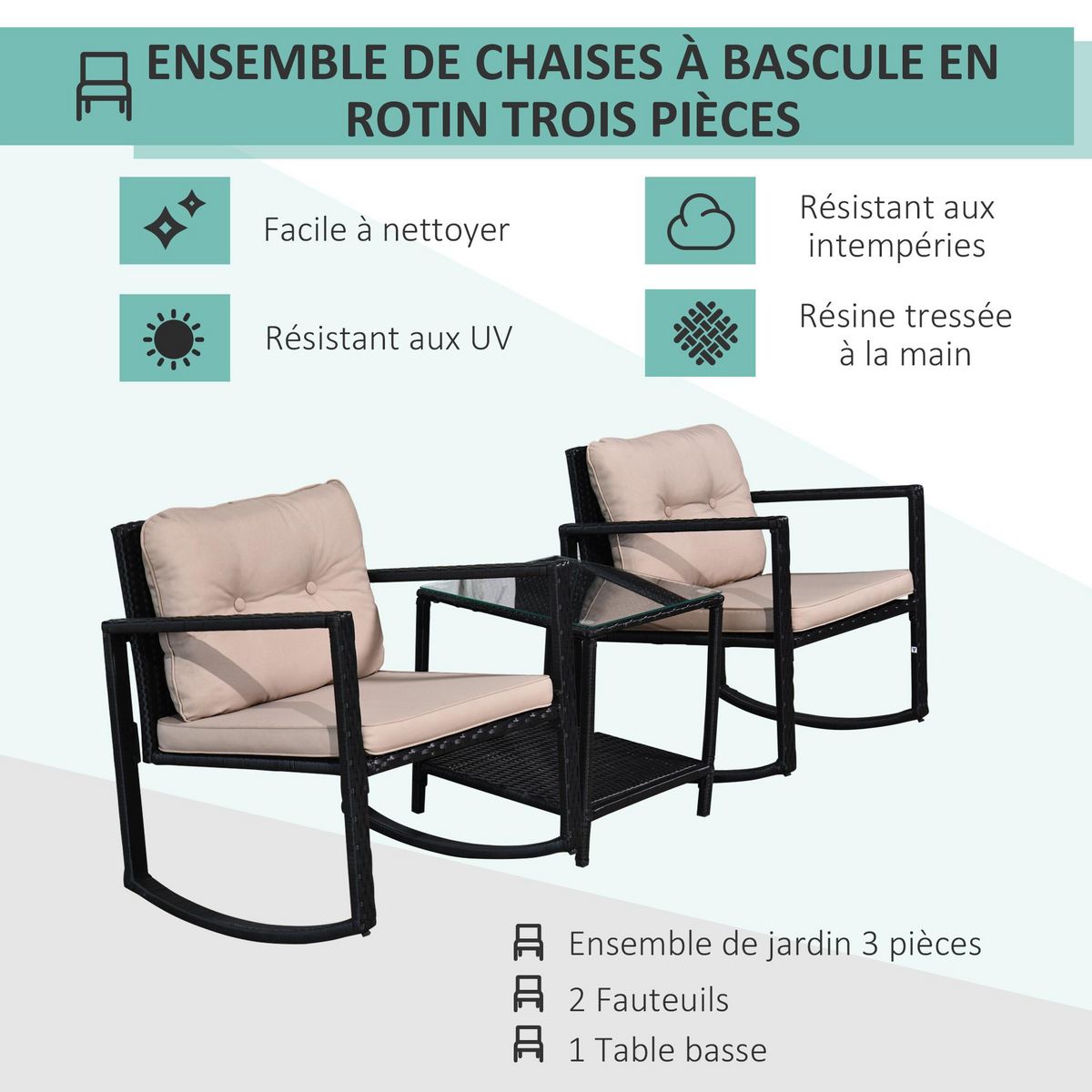OUTSUNNY Ensemble de jardin 3 pièces style colonial 2 fauteuils à bascule avec coussins marron table basse étagère métal époxy résine tressée 4 fils noir