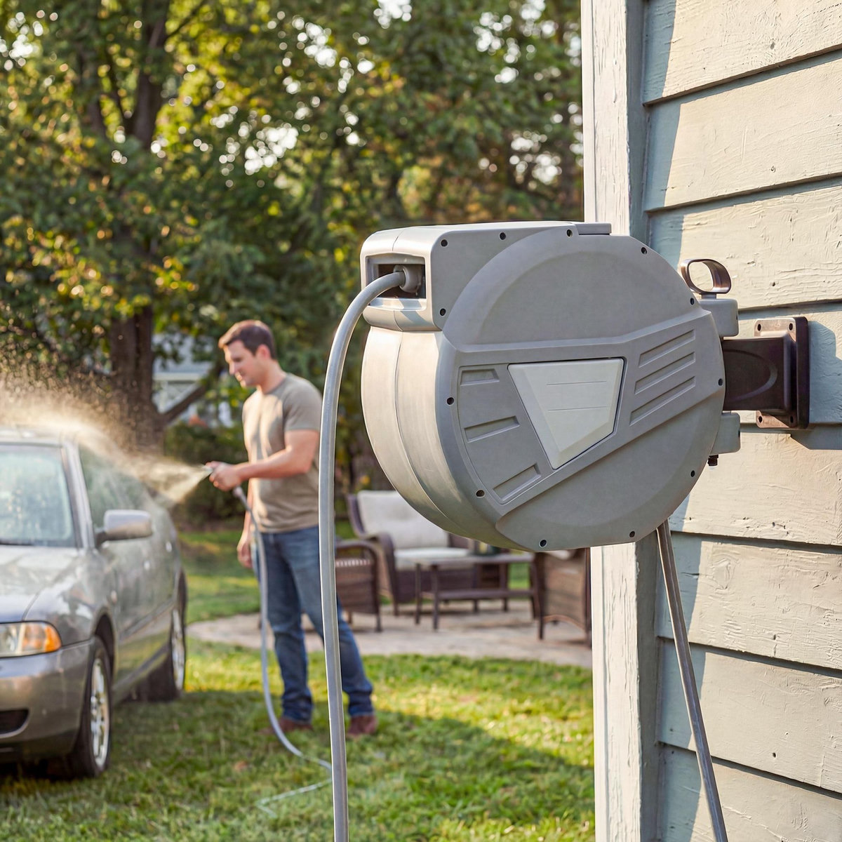 OUTSUNNY Dévidoir mural enrouleur automatique pivotant 180° tuyau 30 + 2 m avec lance arrosage 2 modes support mural intégré gris clair