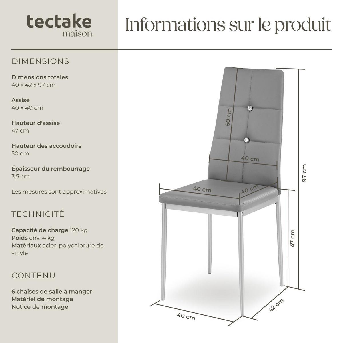 tectake Ensemble de chaises de salle à manger rembourré avec revêtement aspect cuir gris Lot de 6