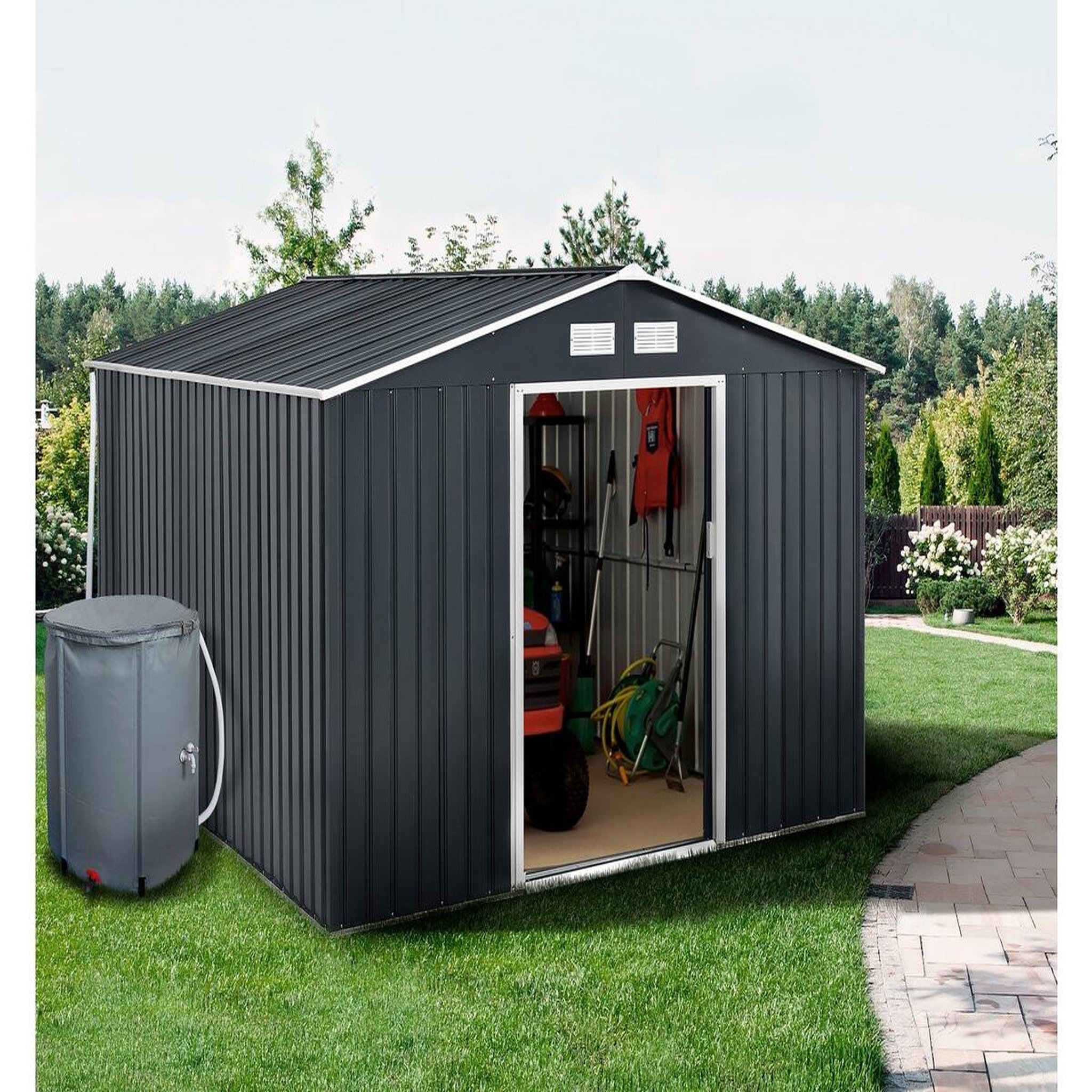 Voir la diapositive 2 : Habitat et Jardin Abri de jardin métal -  vegas - 12.98 m² avec gouttière et récupérateur d'eau -  vegas  - gris