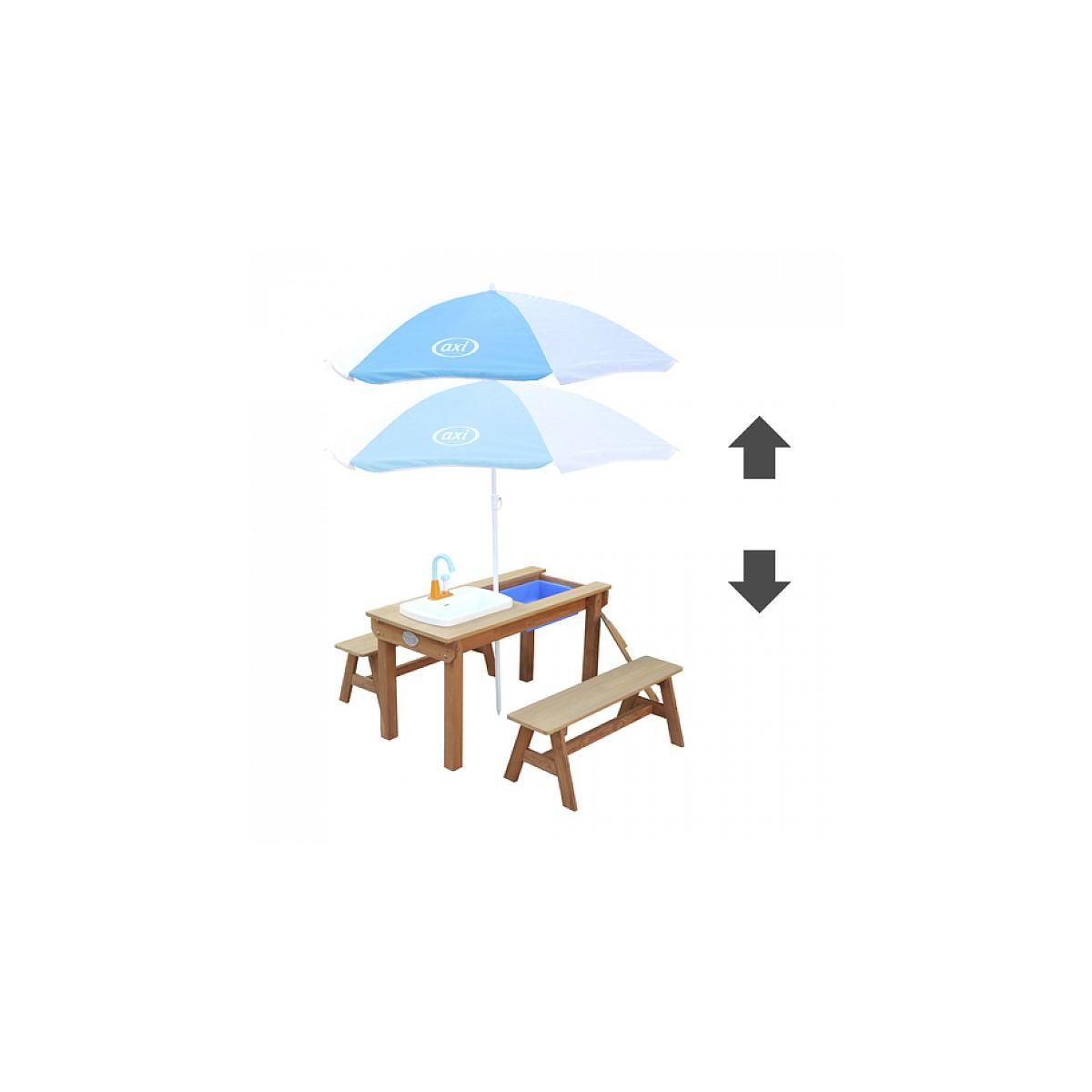 Axi House AXI Dennis Table sable et eau Picnic avec cuisine evier et banc Marron Parasol Bleu Blanc