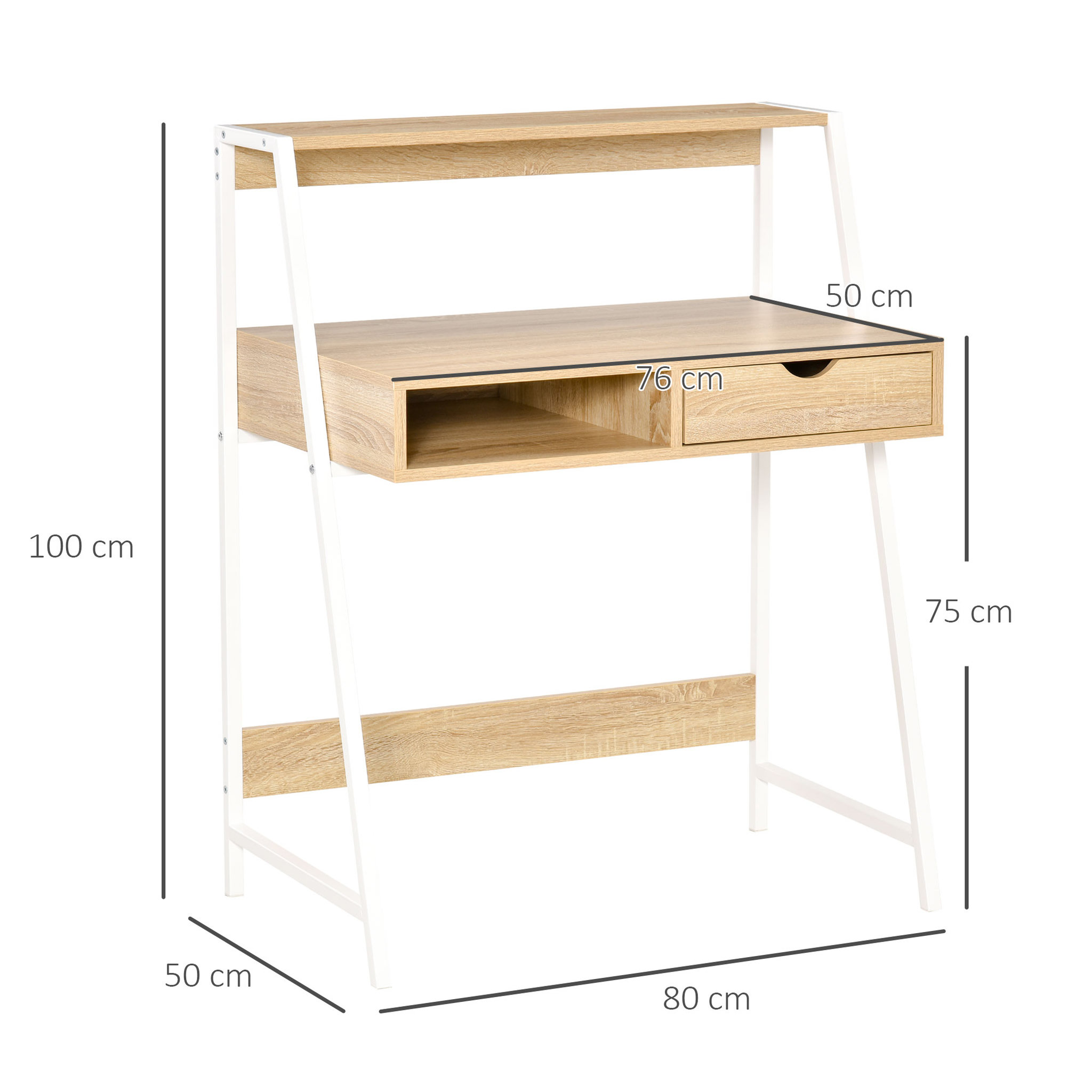 Voir la diapositive 3 : HOMCOM Bureau secrétaire bureau informatique style néo-rétro tiroir niche étagère métal blanc aspect chêne clair