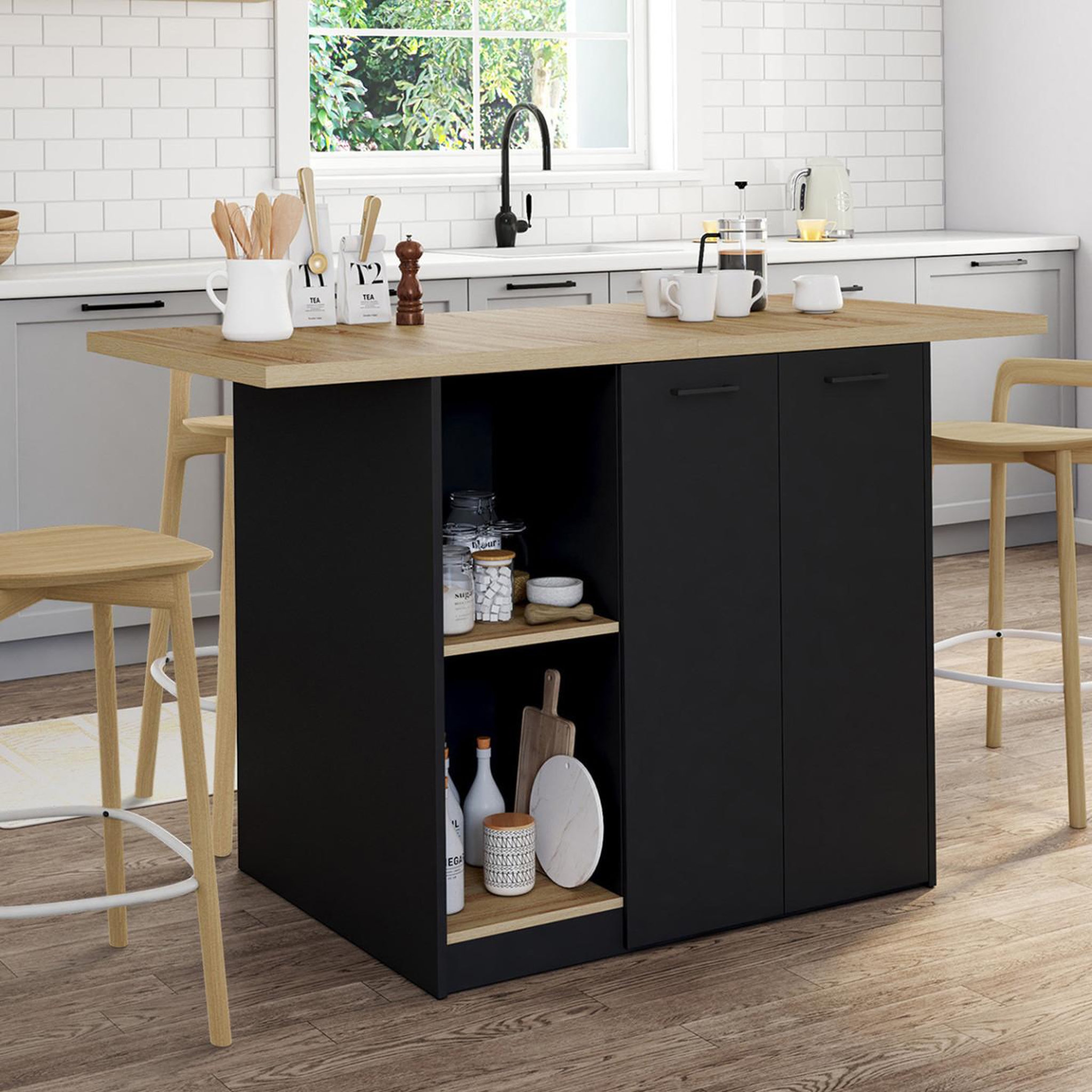 Voir la diapositive 2 : ID MARKET Ilot central bao 140 cm 4 personnes bois noir avec plan de travail façon hêtre