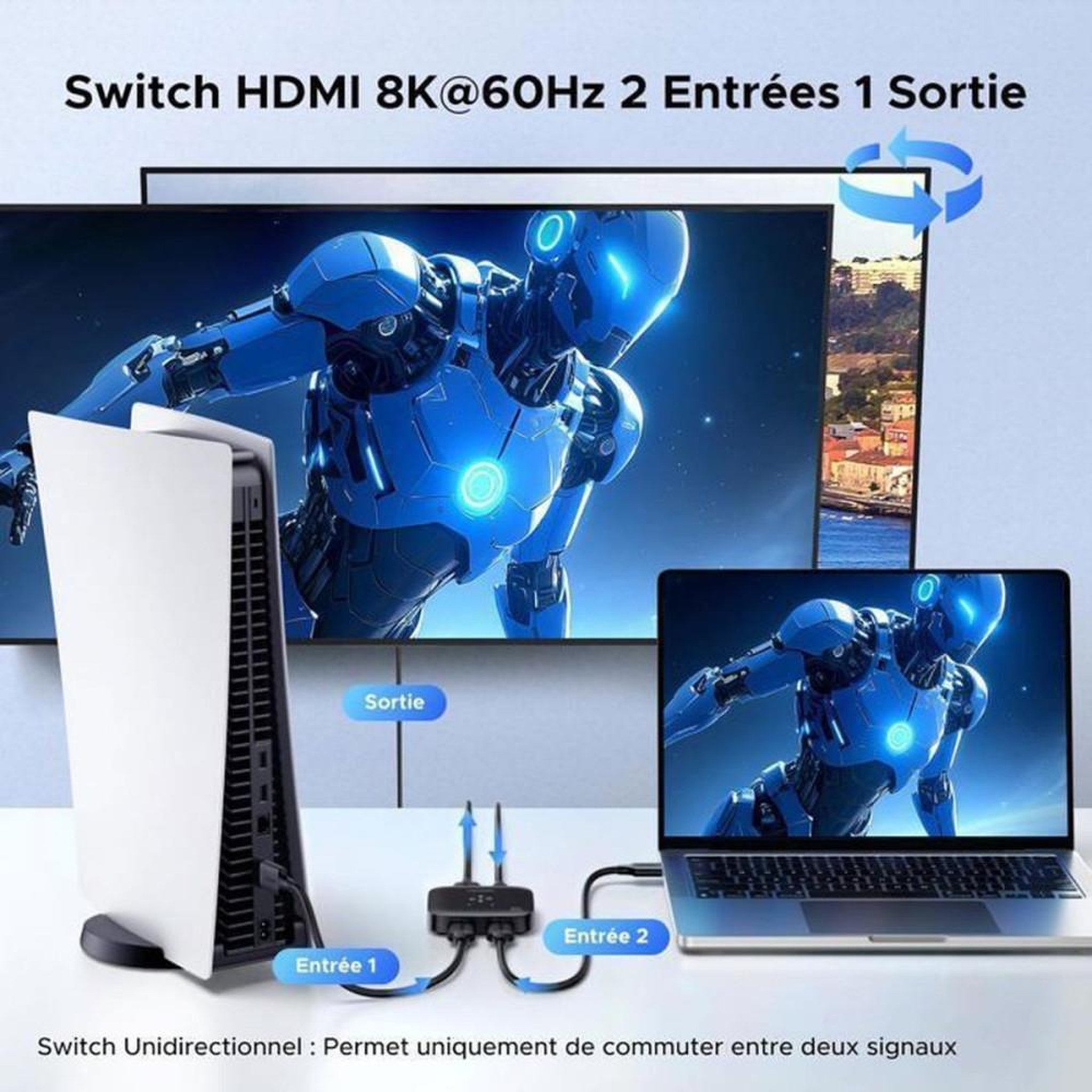 Voir la diapositive 2 : Coffret HDMI 2.1 bi-directionnel 2x1 avec sélection en façade, switch pour 2 sources vers 1 écran, 8K@60Hz et 4K@240Hz, VRR, Dolby Atmos, noir