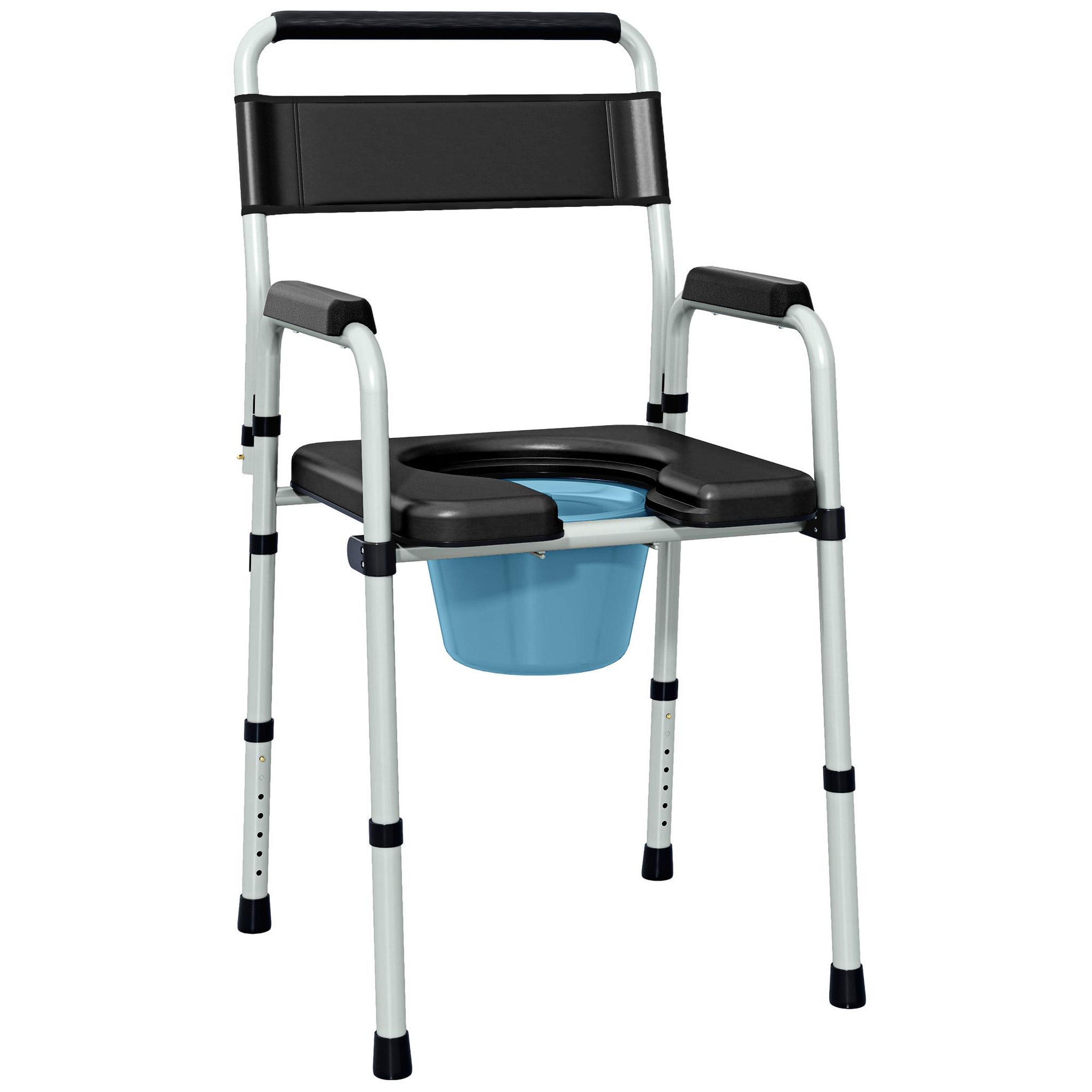HOMCOM Chaise percée toilette pliable hauteur réglable - seau amovible - siège, accoudoirs rembourrés - max. 150 Kg - acier gris noir