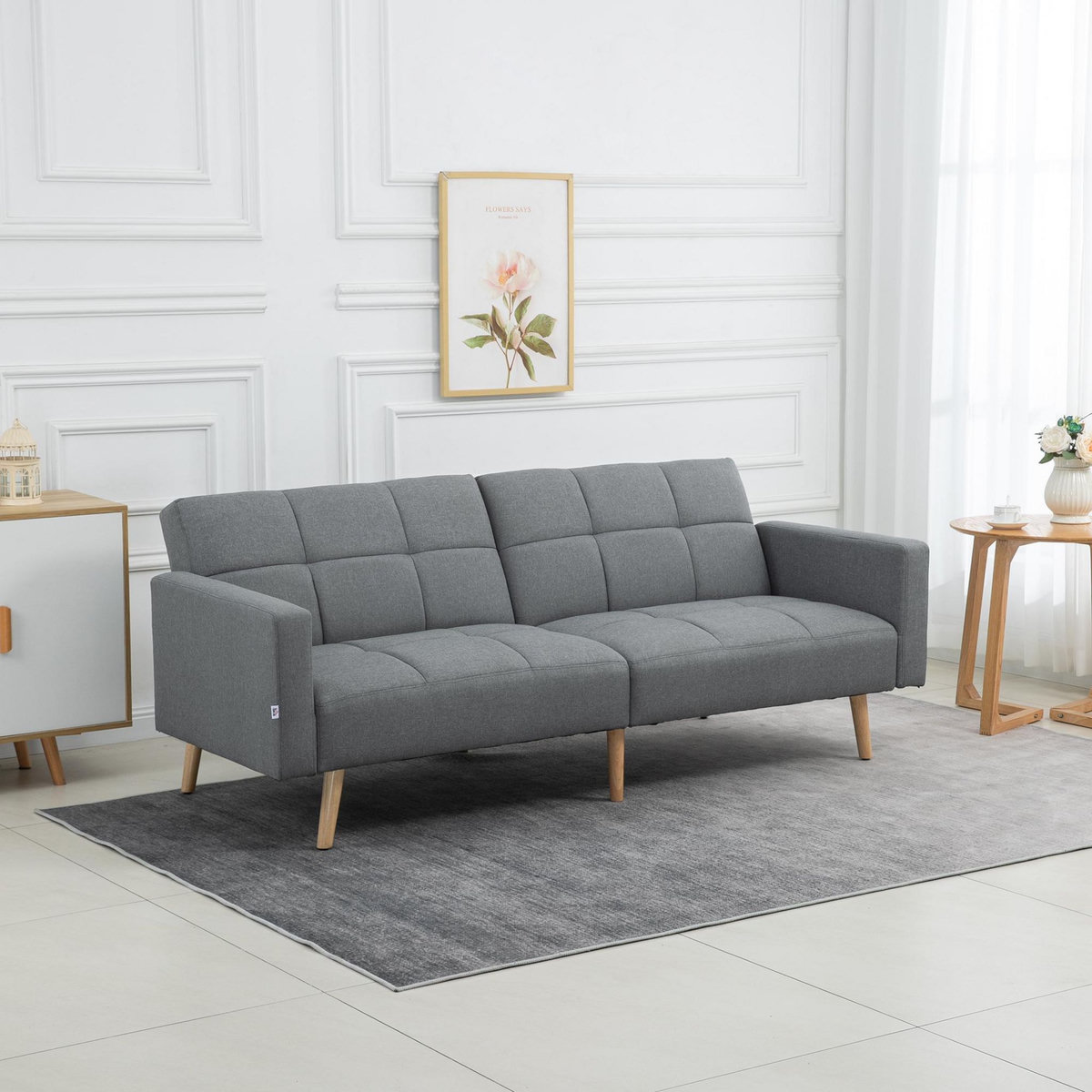 HOMCOM Canapé convertible 2 places design scandinave dossier inclinable 3 positions piètement bois tissu aspect lin gris