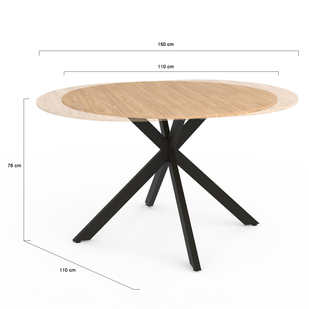 ID MARKET Table à manger extensible ronde ALIX 4-8 personnes pied araignée bois et noir 110-150 cm