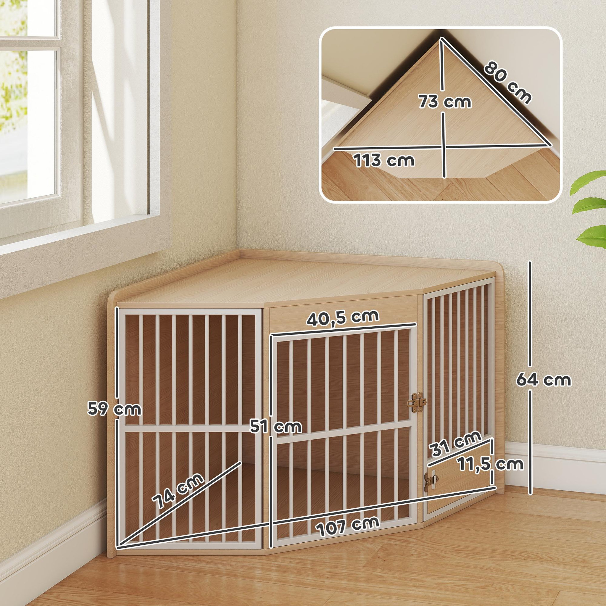 Voir la diapositive 3 : PAWHUT Cage d'angle pour chien en bois clair dim. 113 x 80 x 64 cm porte entrée + porte rotative alimentation