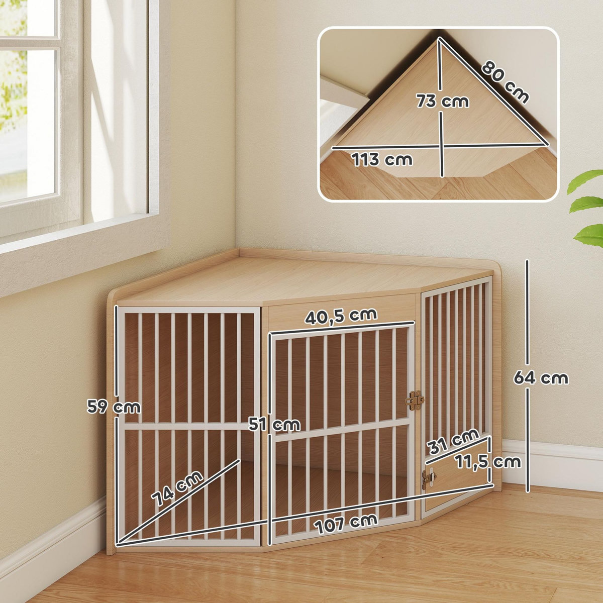 PAWHUT Cage d'angle pour chien en bois clair dim. 113 x 80 x 64 cm porte entrée + porte rotative alimentation