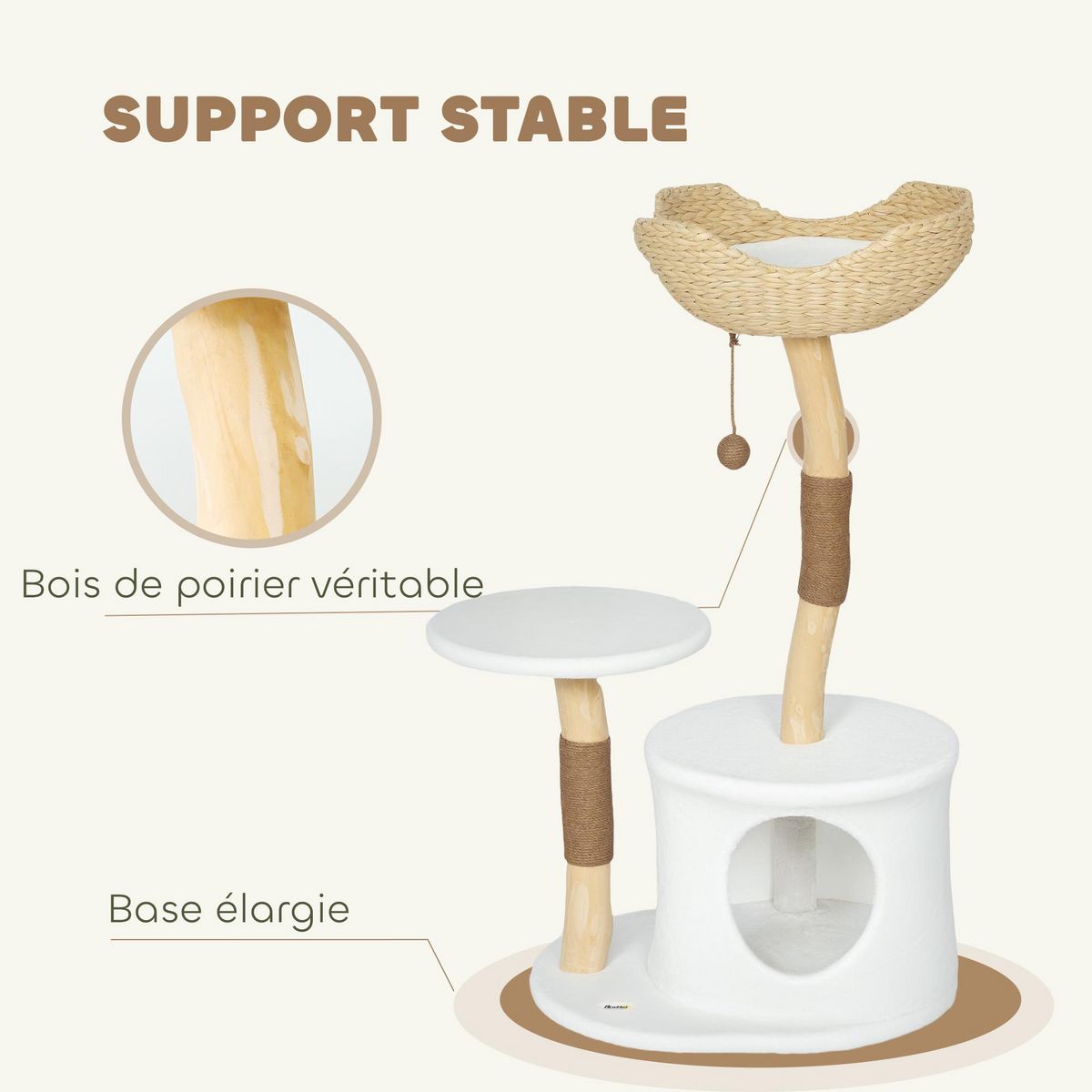 PAWHUT Arbre à chat bois design naturel griffoirs boule chanvre panier observation tressé coussin niche