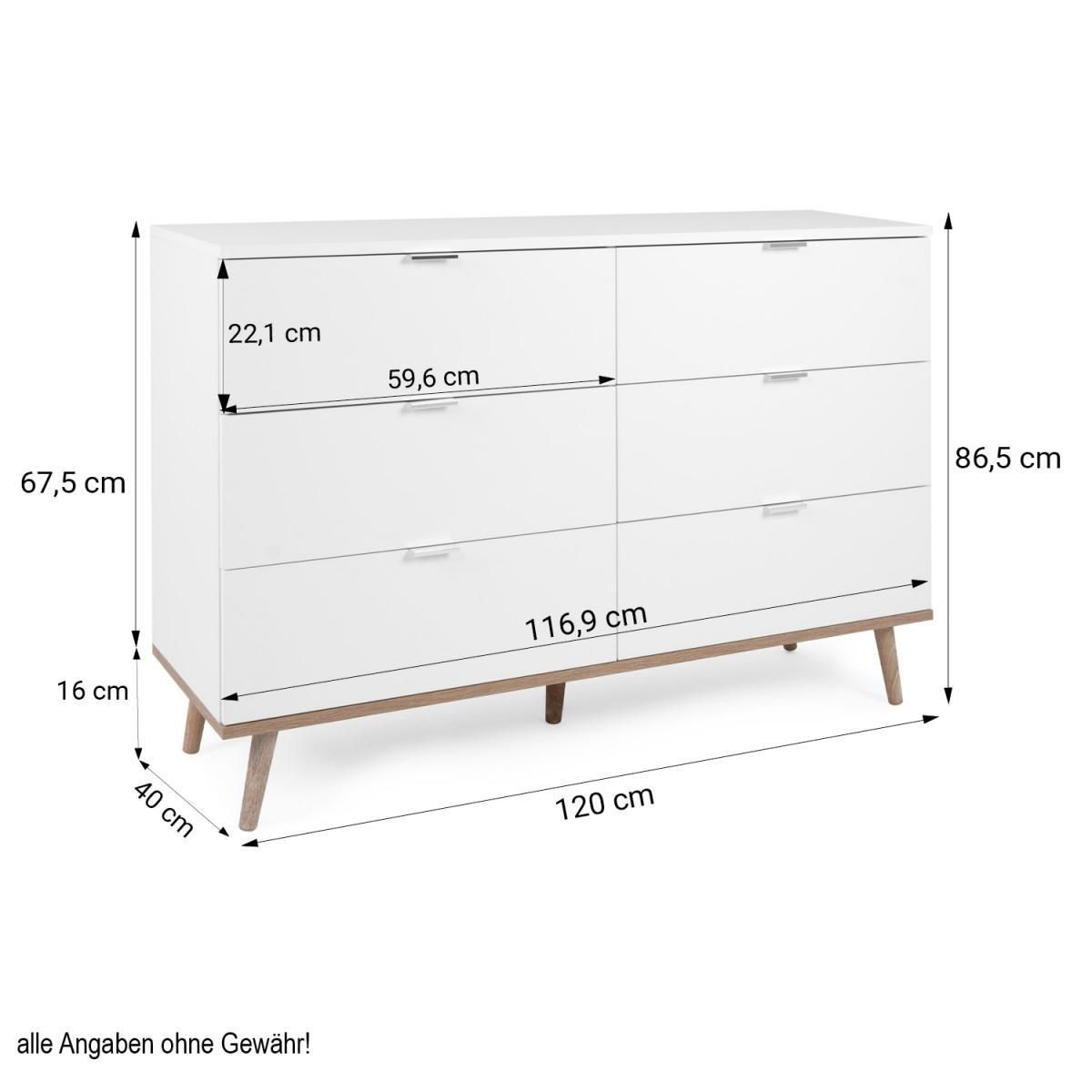 HomeStyle4U Commode avec 6 tiroirs en bois blanc 86,5x120x40cm