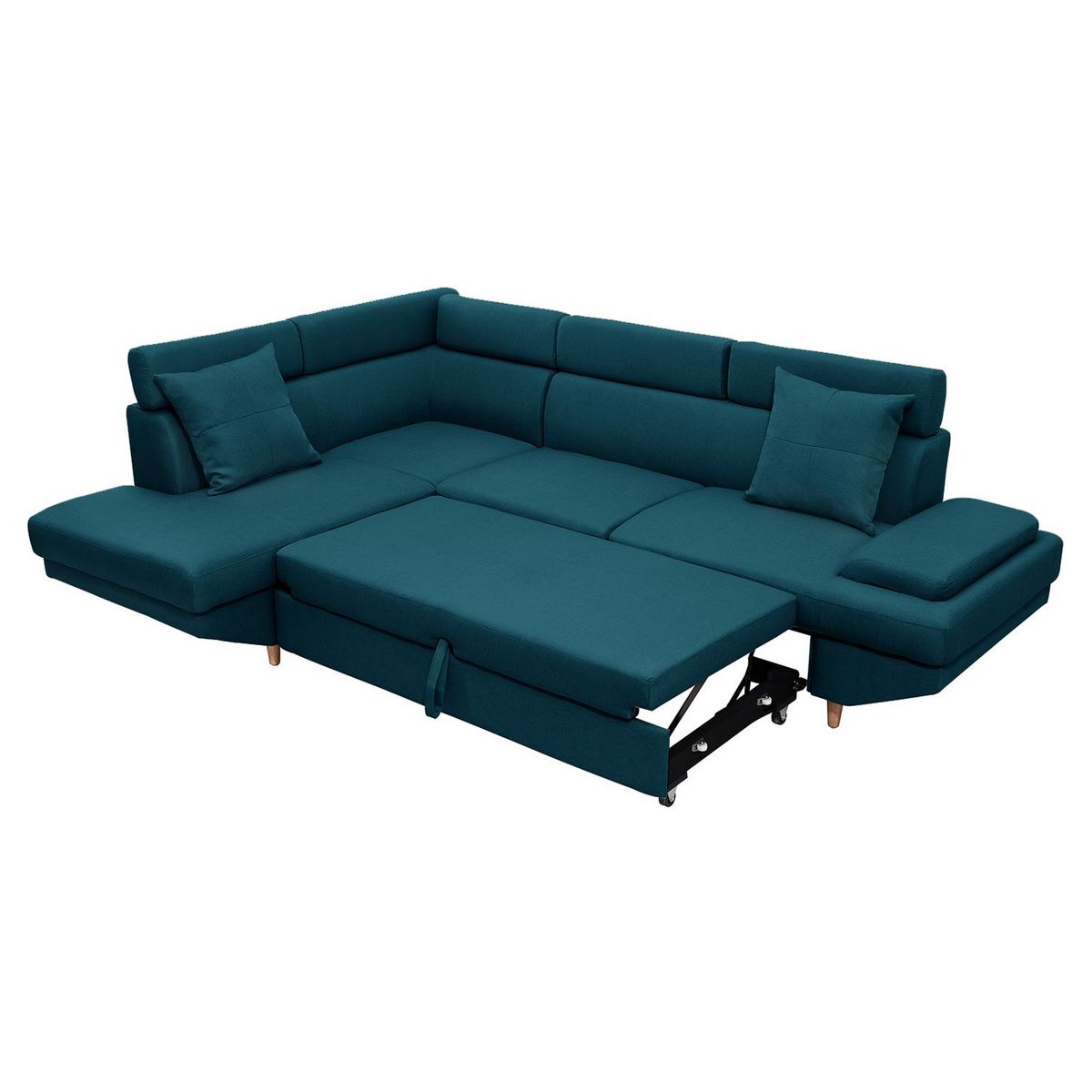 Canapé d'angle gauche convertible 5 places tissu pieds bois clair MARIUS 