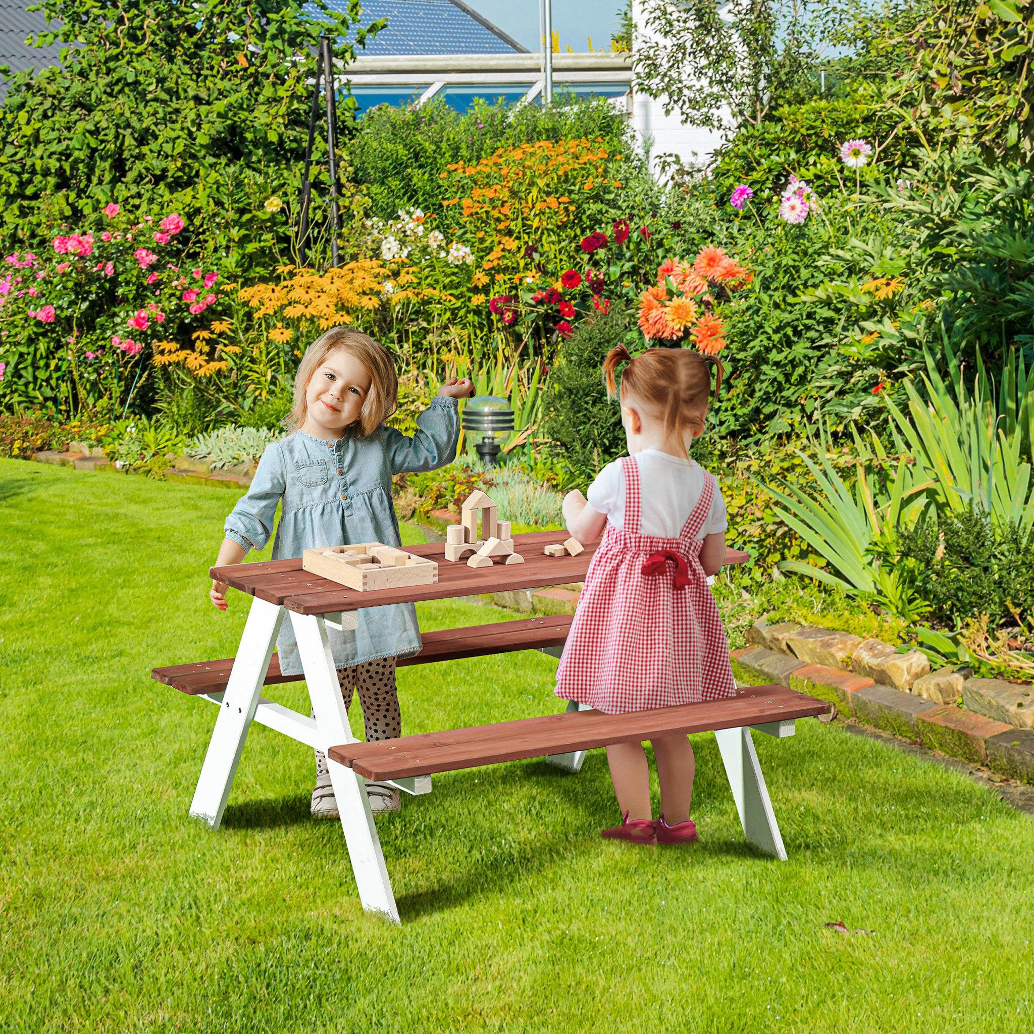 Voir la diapositive 2 : OUTSUNNY Table de pique-nique enfant - 2 bancs - assises, plateau à lattes - bois sapin blanc brique