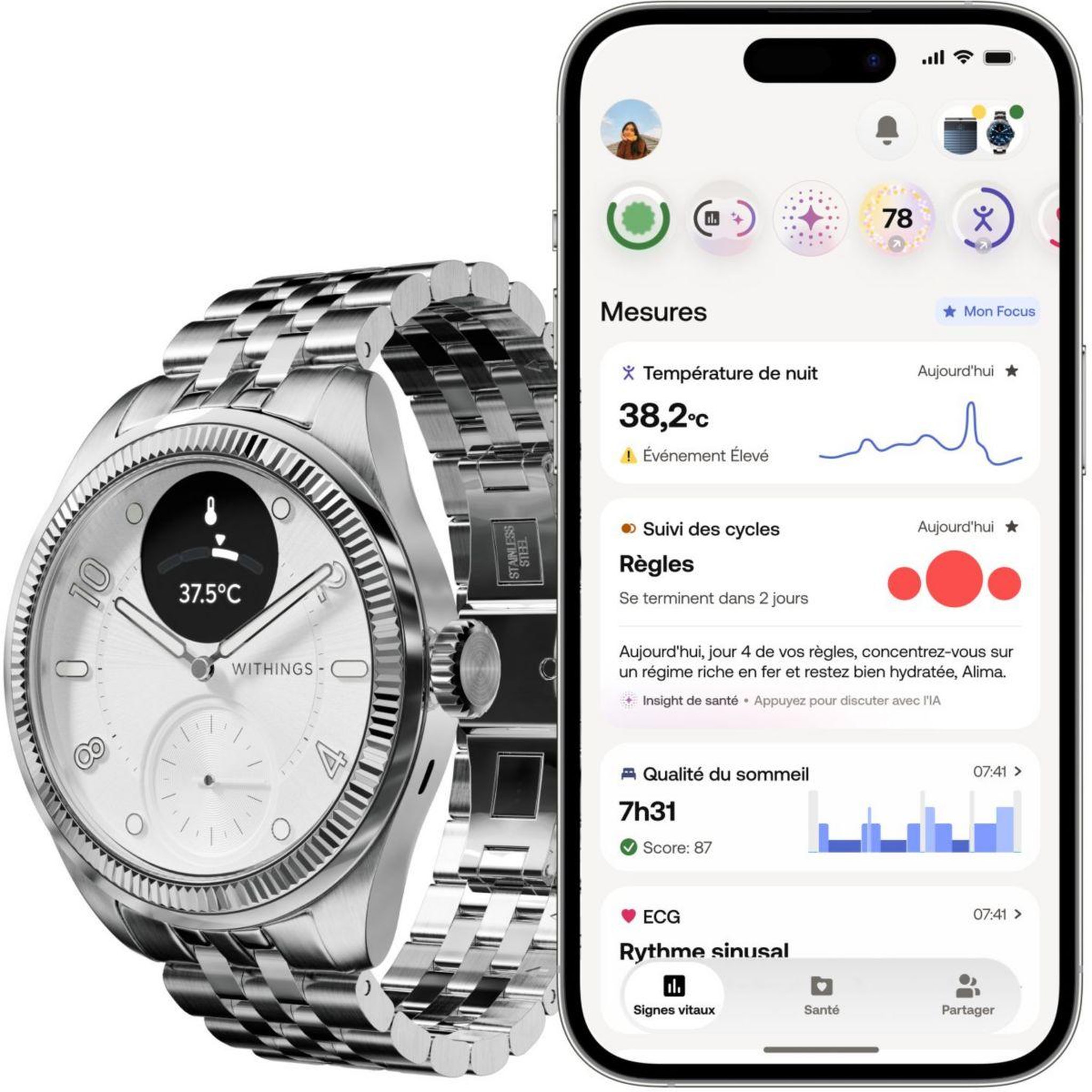 Voir la diapositive 2 : WITHINGS Montre santé scanwatch nova brilliant 39mm titanium