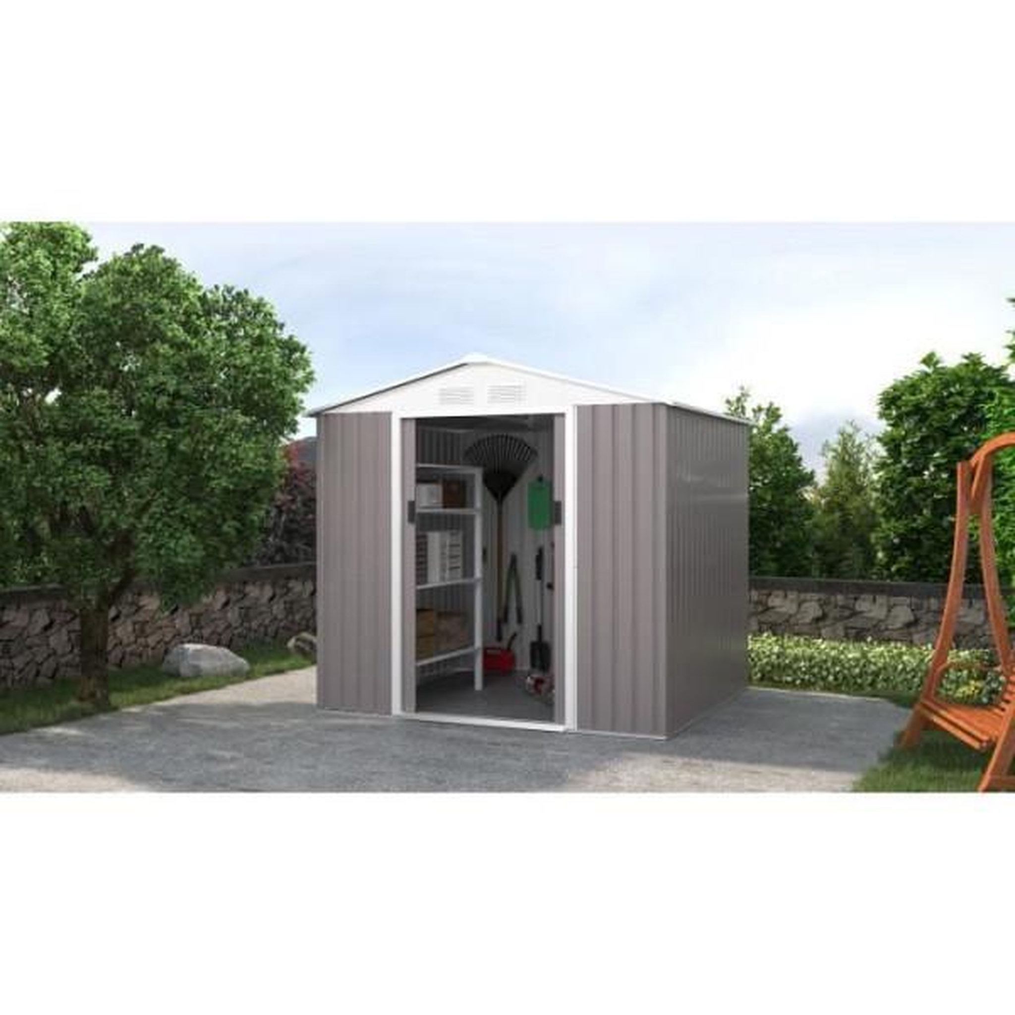 Voir la diapositive 4 : MARKET24 Abri de jardin en métal 4,07 m² - 213 x 191 x 195 cm - MARS - Kit d'ancrage inclus, 2 portes coulissantes - Taupe