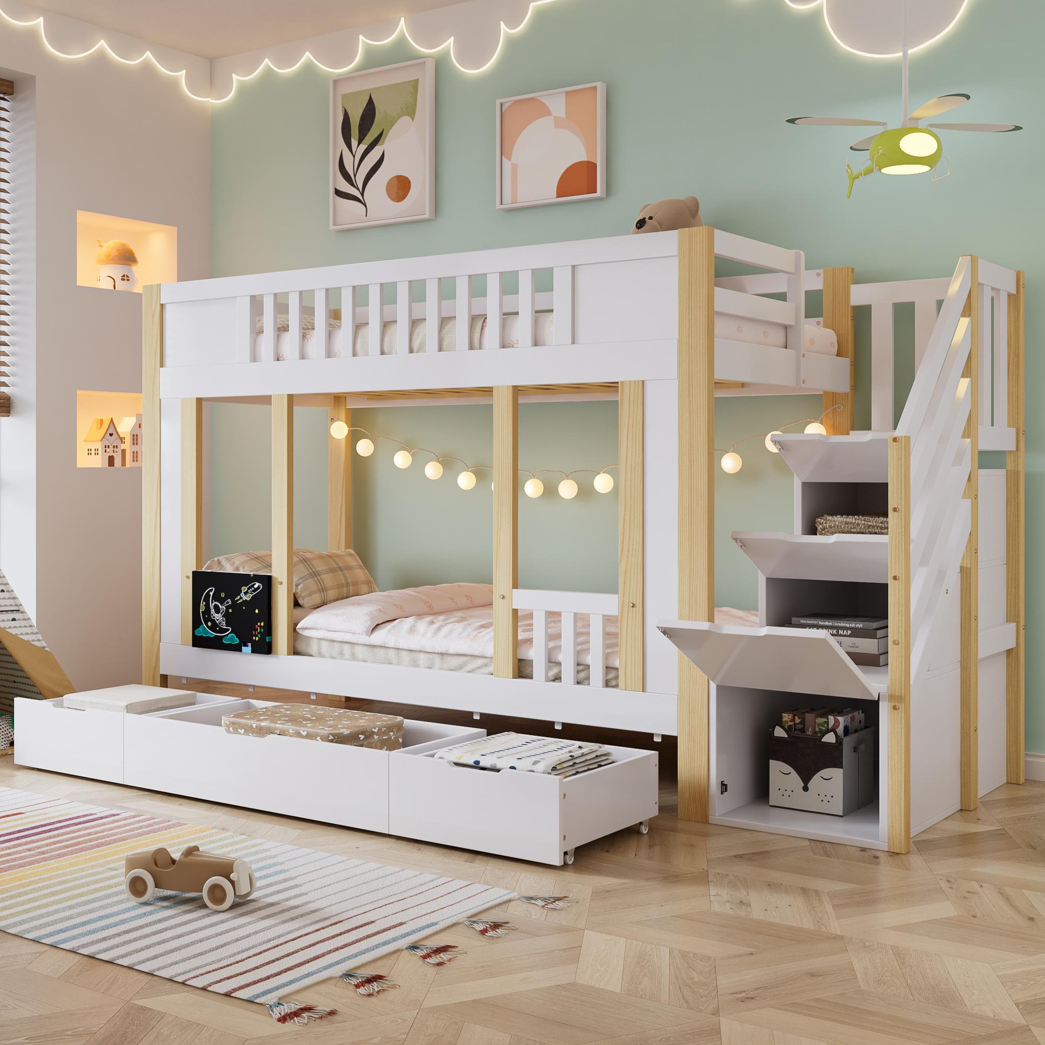 Voir la diapositive 4 : MERAX Lit superposé 90x200 cm coloris blanc+naturel pin