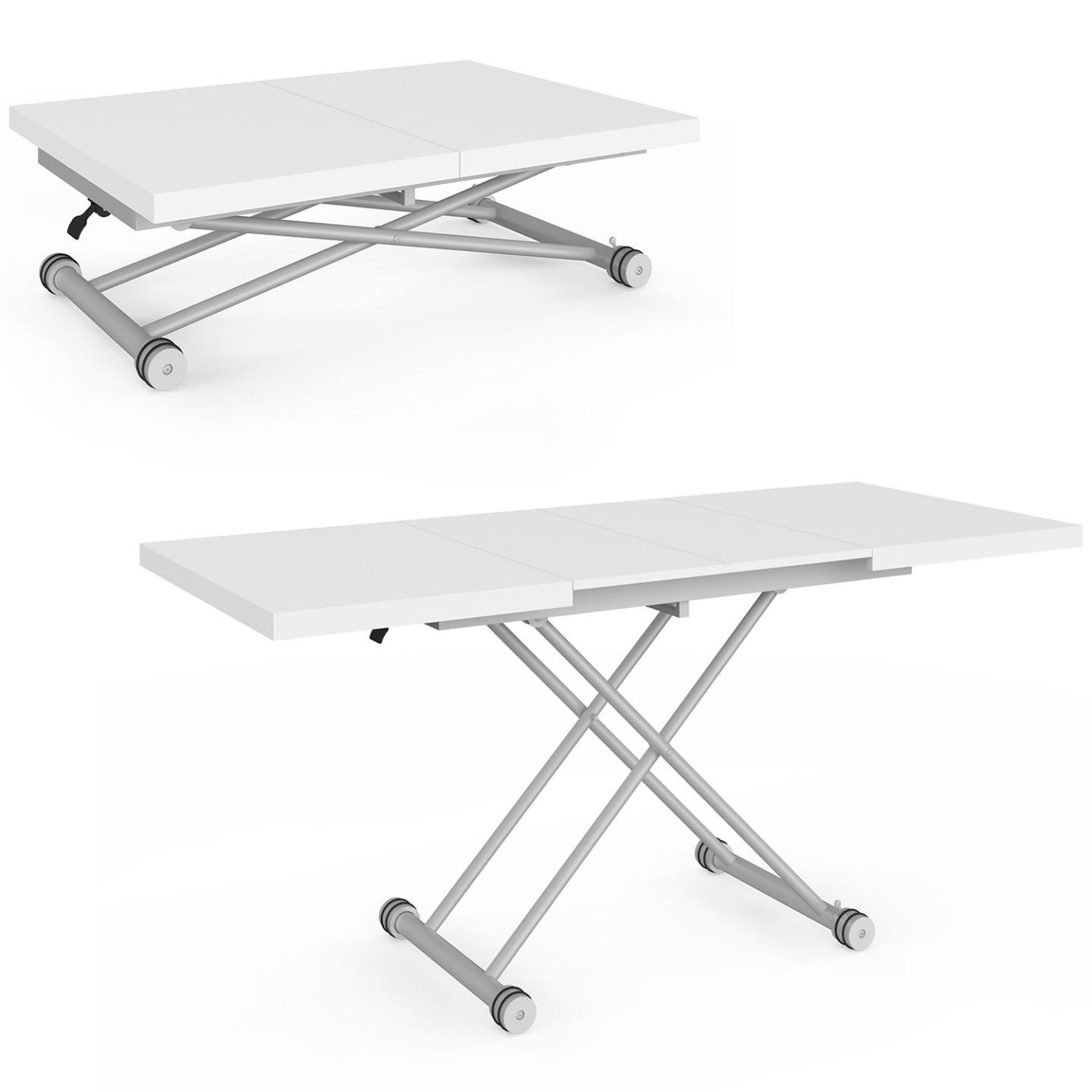 Voir la diapositive 4 : ID MARKET Table basse extensible relevable en table à manger rectangulaire altura 100-160 cm plateau blanc pied gris chromé