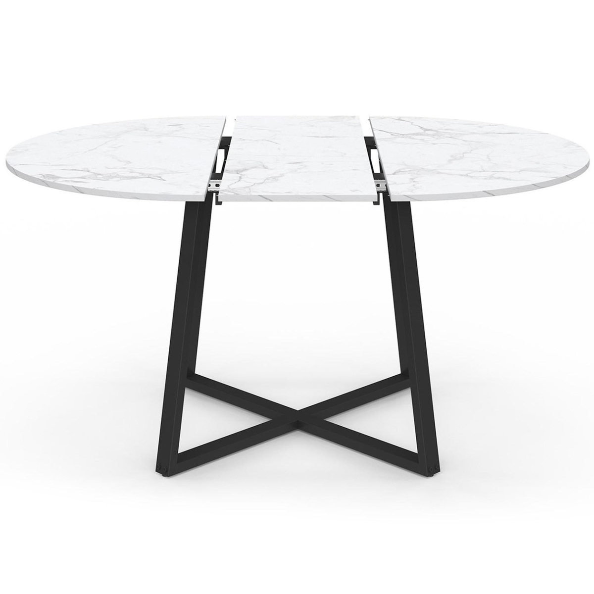 ID MARKET Table à manger extensible ronde SELMA 4-8 personnes noir et plateau marbre blanc ALASKA 110-150 cm