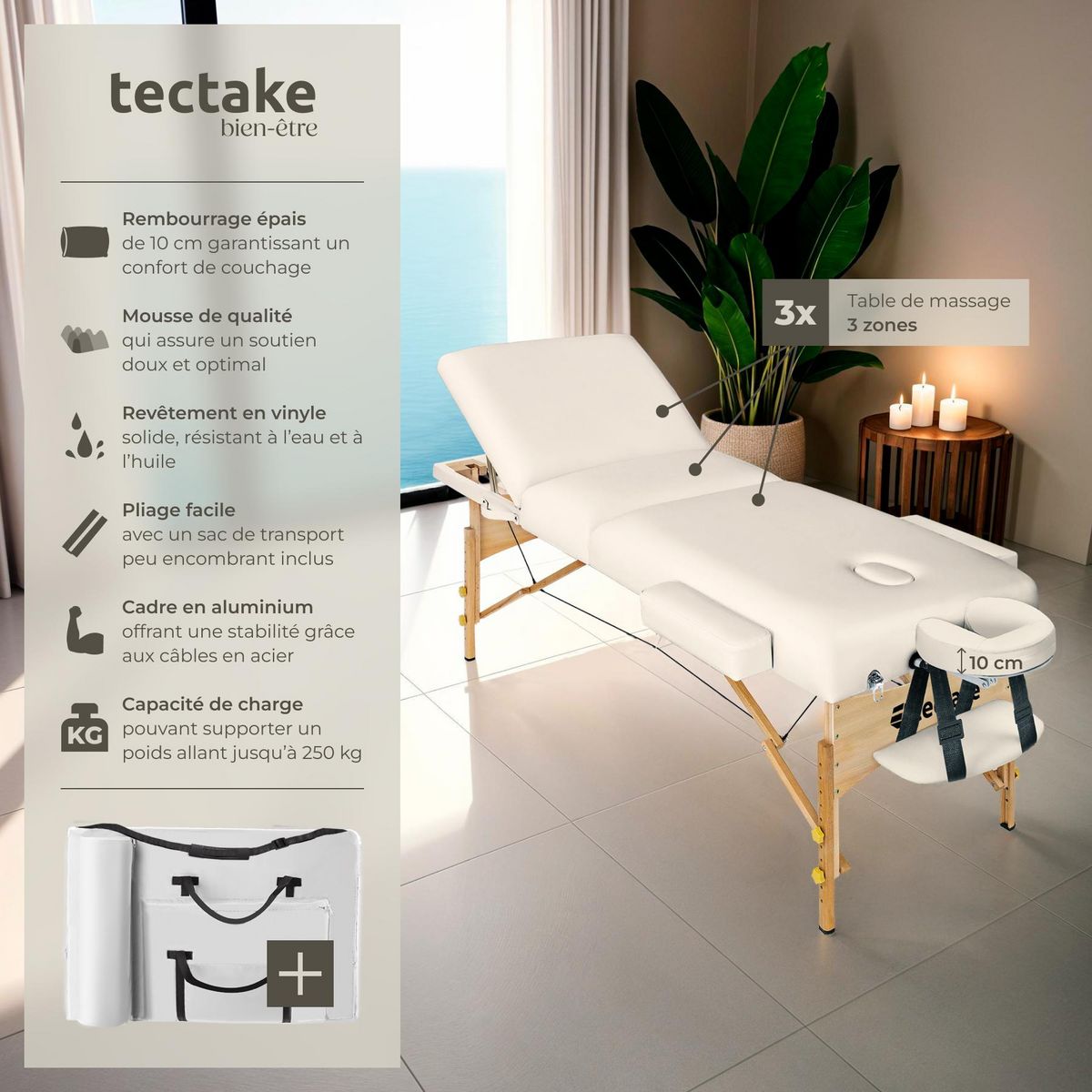 tectake Table de massage portable et pliante à 3 zones largeur 70 cm et rembourrage 10 cm beige