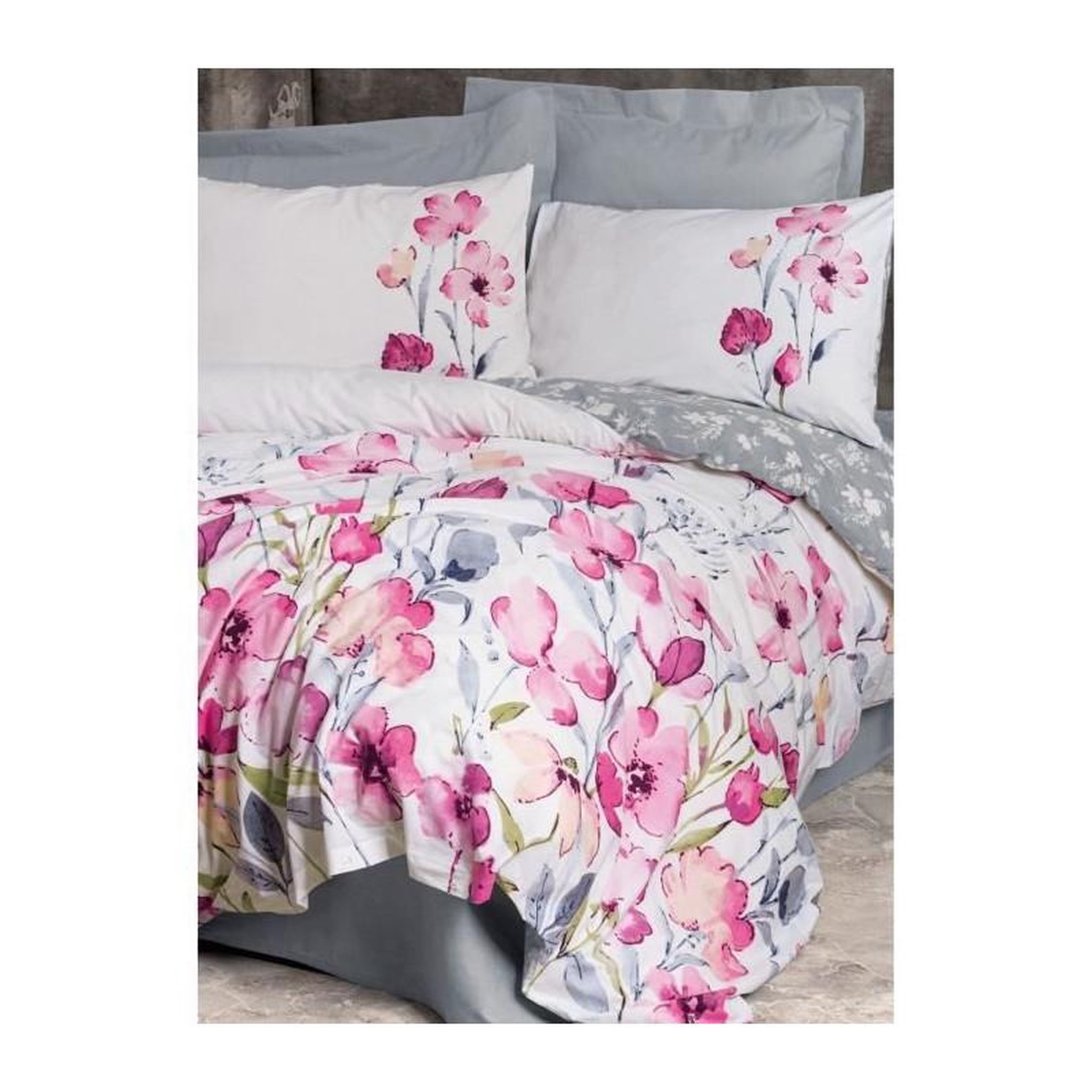 Voir la diapositive 4 : GENERIQUE Parure de lit - 129CTN64415 - 1 housse de couette 220 x 240 cm + 2 taies d'oreiller 60 x 60 cm - 100% coton ranforcé - Gris