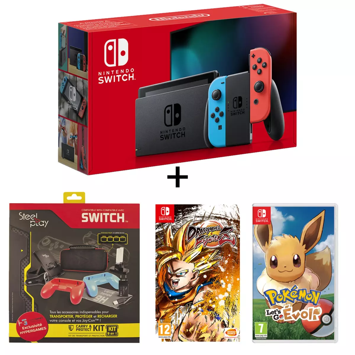 Console Nintendo Switch Joy-Con Bleu et Rouge + Pack de 9 accessoires Nintendo Switch + Dragon Ball FighterZ + Pokemon Let's Go Evoli