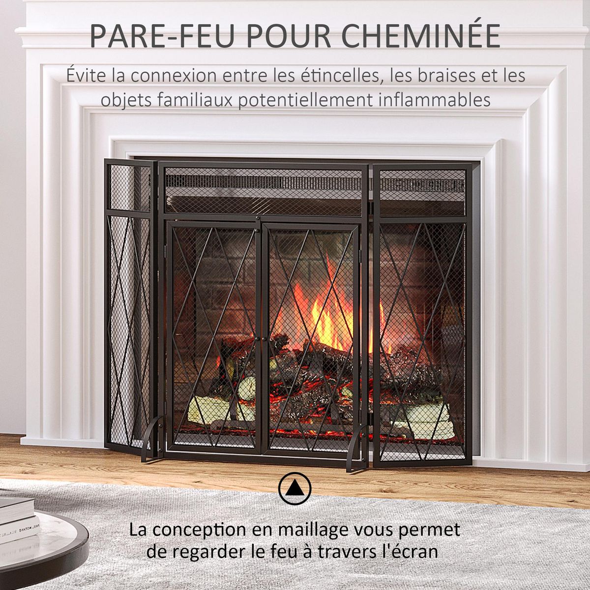 HOMCOM Pare-feu large pour cheminée ou poêle - pare-étincelles - 3 volets pliables et portes - métal noir