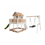 Axi House Axi Maisonnette LIAM  Brun Blanc avec balancoire nid ovale Roxy toboggan Citron vert et bac à sable