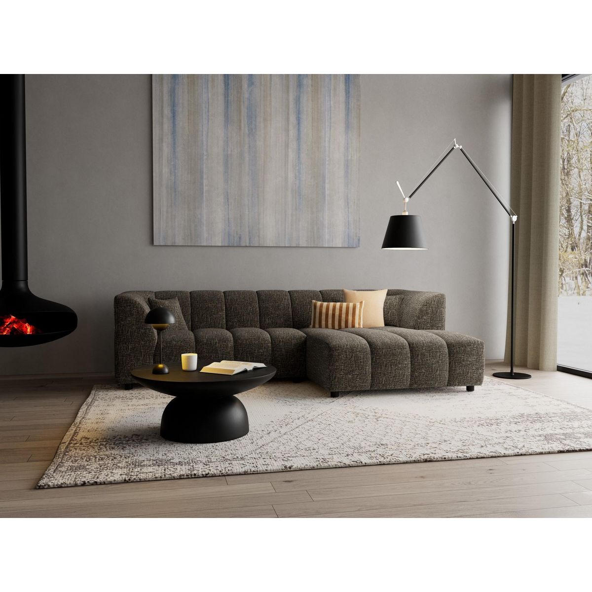 LISA DESIGN Curtis - canapé d'angle droit 4 places avec accoudoir en tissu texturé