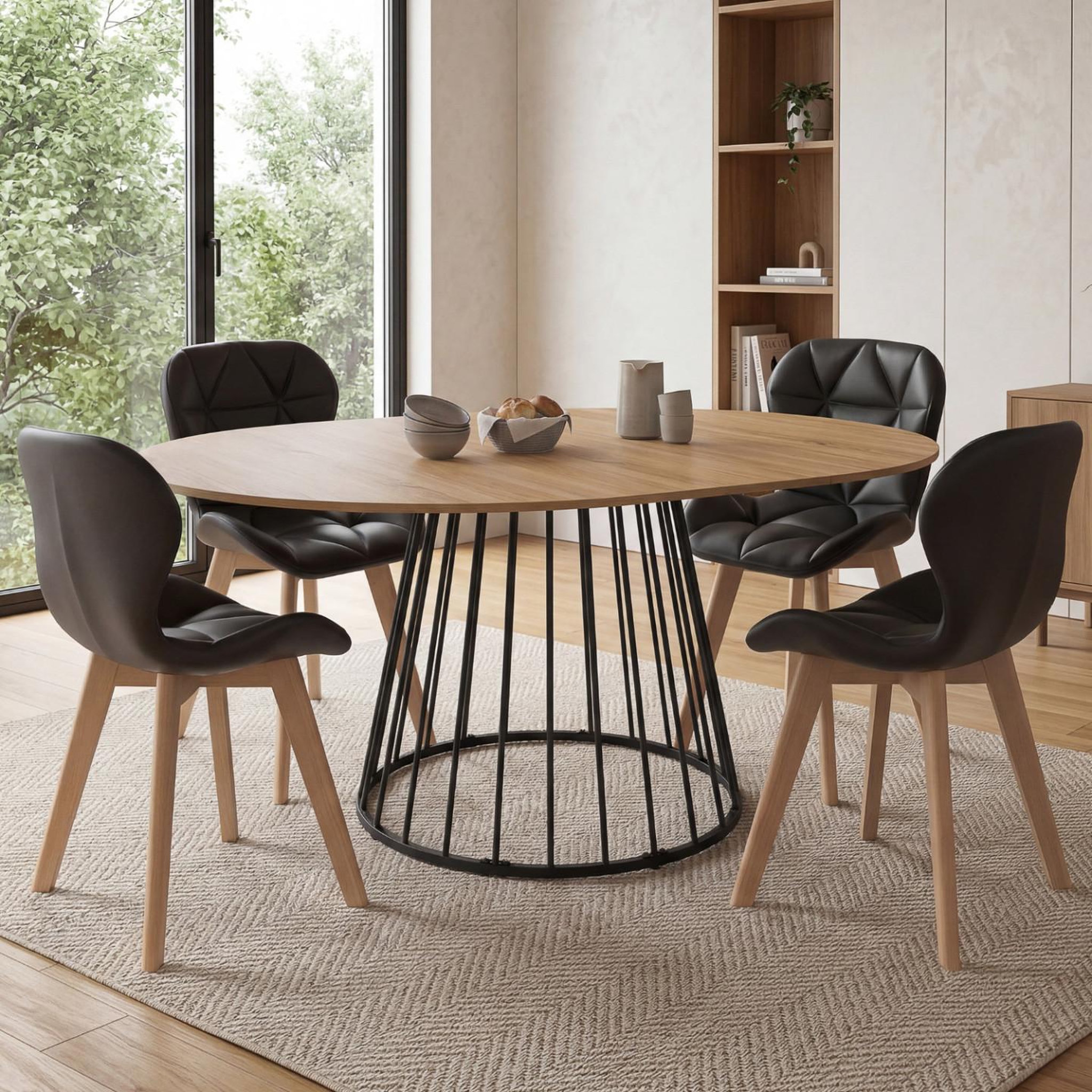 Voir la diapositive 2 : ID MARKET Ensemble table à manger extensible ronde yuna plateau bois et pied filaire en métal 110-150 cm et 4 chaises robine en pu noires