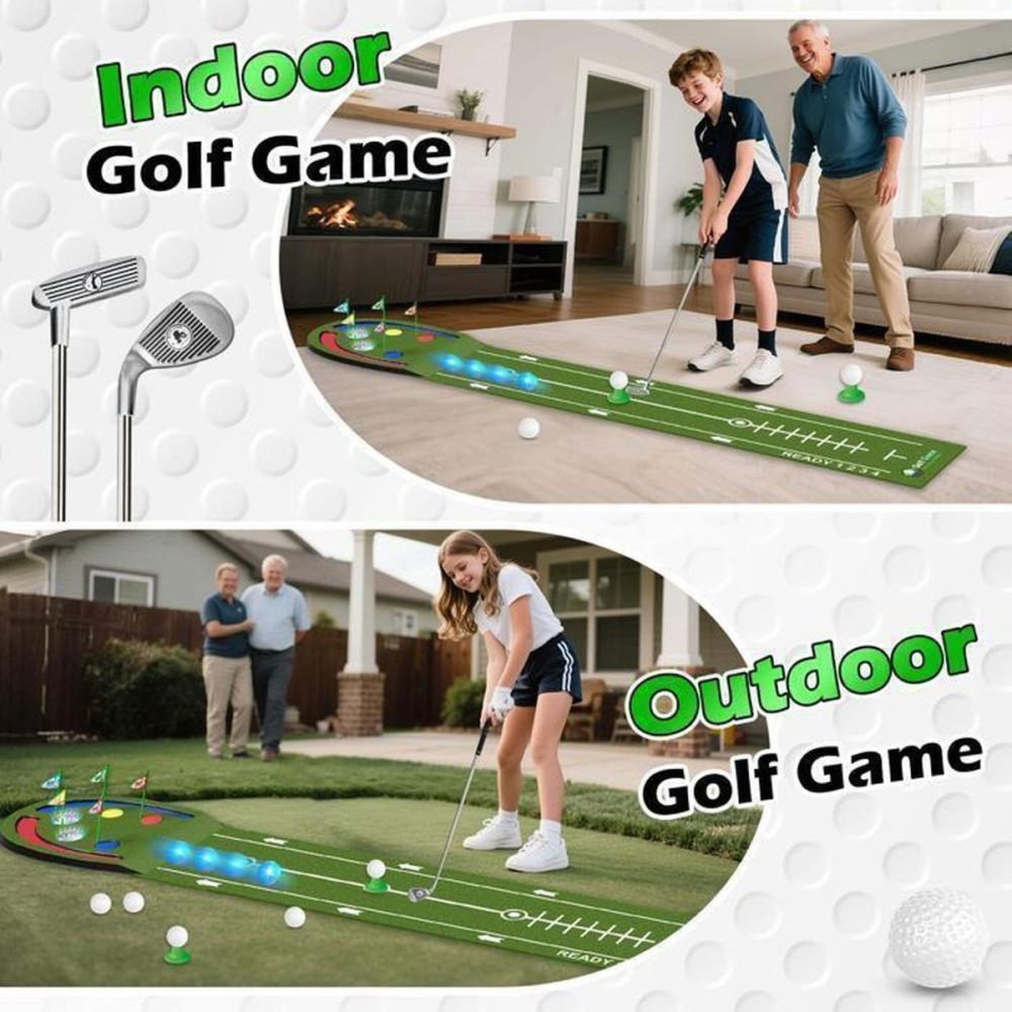 Voir la diapositive 4 : Tapis de putting LED 2,4 m avec 5 trous lumineux, balles LED et 2 clubs réglables en hauteur