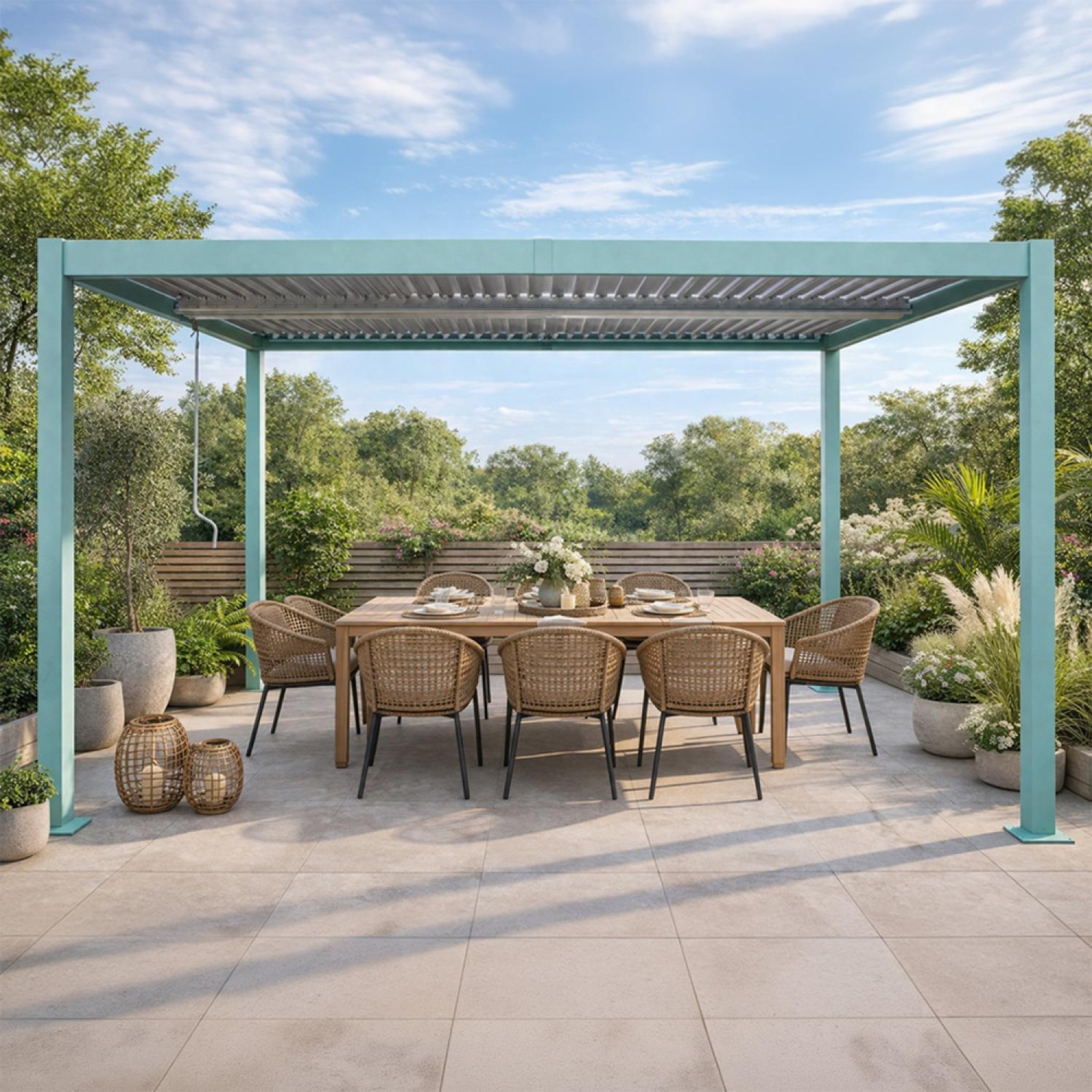 Voir la diapositive 5 : CONCEPT USINE Pergola bioclimatique 4x3m structure aluminium lames orientables verte corfu